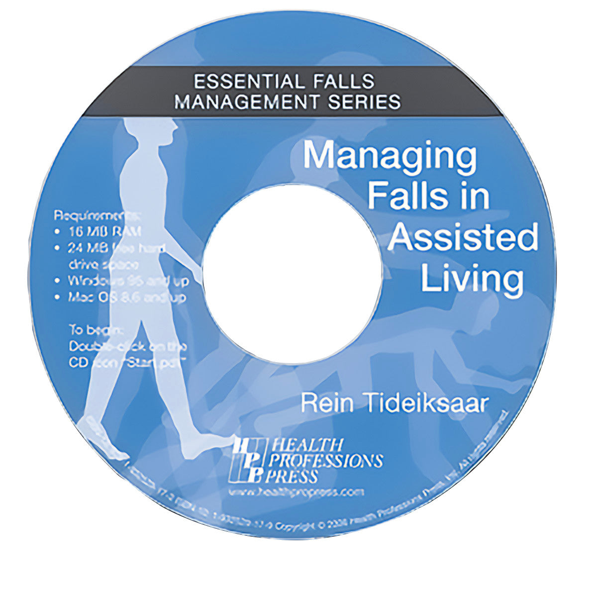 The Managing Falls in Assisted Living CD-ROM from the Essential Falls Management Series features software specifications on the label.