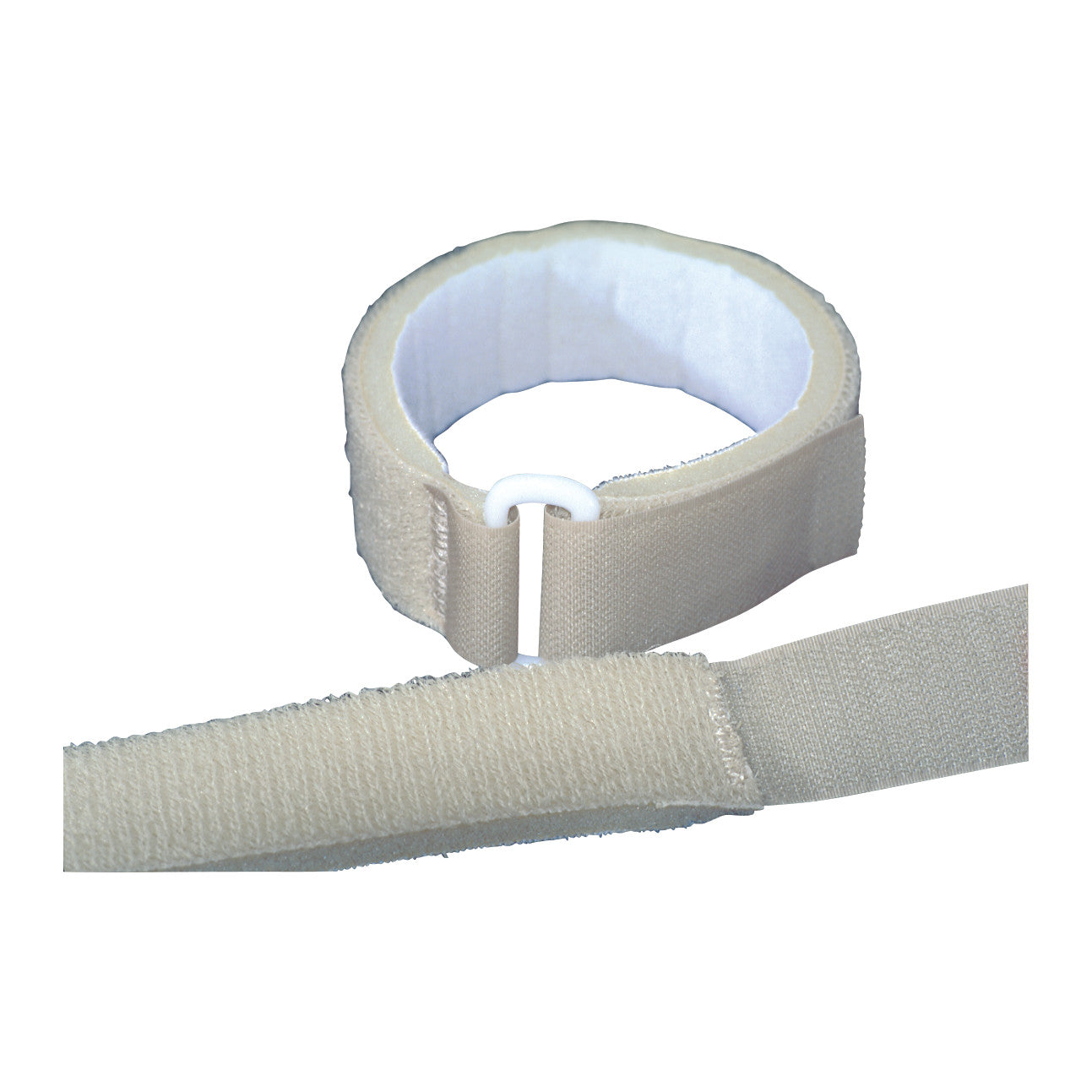 An AliMed Soft-Touch D-Ring Strap, featuring a beige, adjustable strap with a white D-ring for secure fastening.