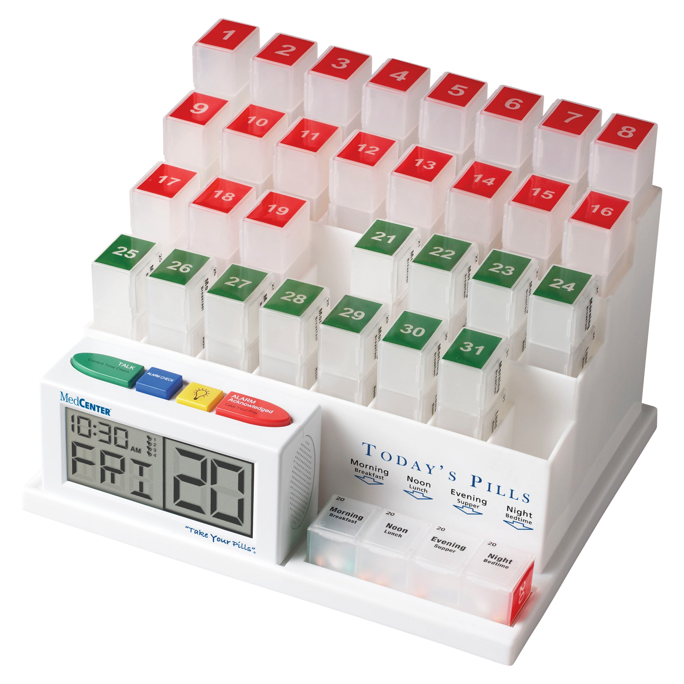 31-Day Monthly Pill Organizer with numbered pill boxes, an LCD clock, and alarm buttons for managing daily medication schedules.