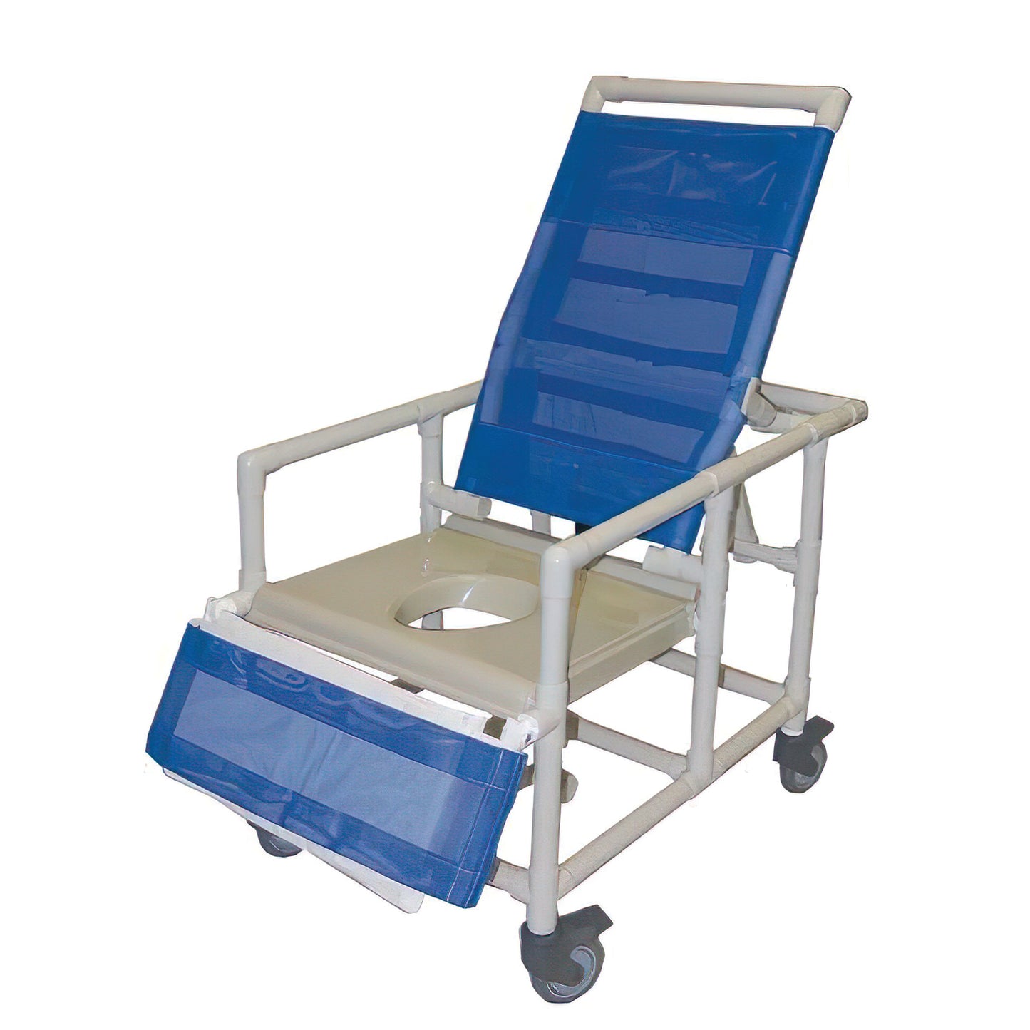 The Healthline Bariatric Reclining Commode Chair with Vacuum Seat features a blue backrest, armrests, and wheels for mobility.
