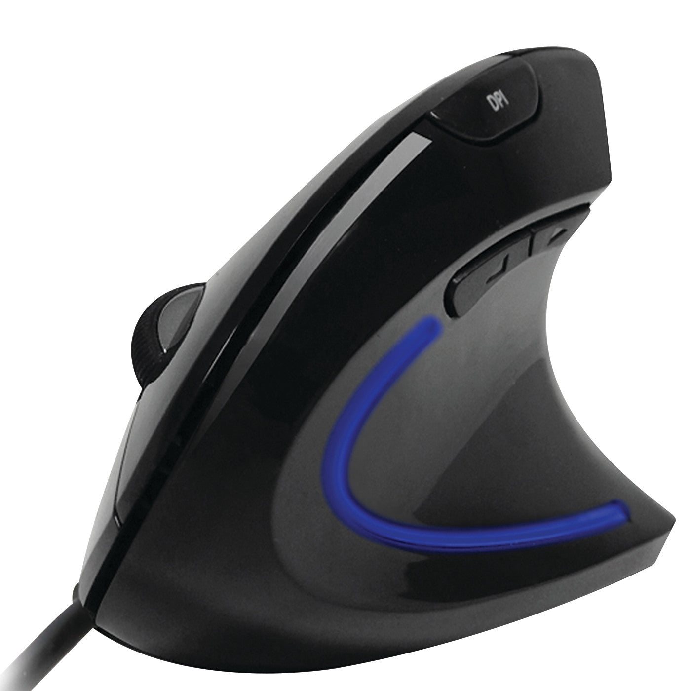 The Adesso iMouse E1 Illuminated Vertical Ergonomic Mouse features a black, vertical design with blue accents and a DPI button.