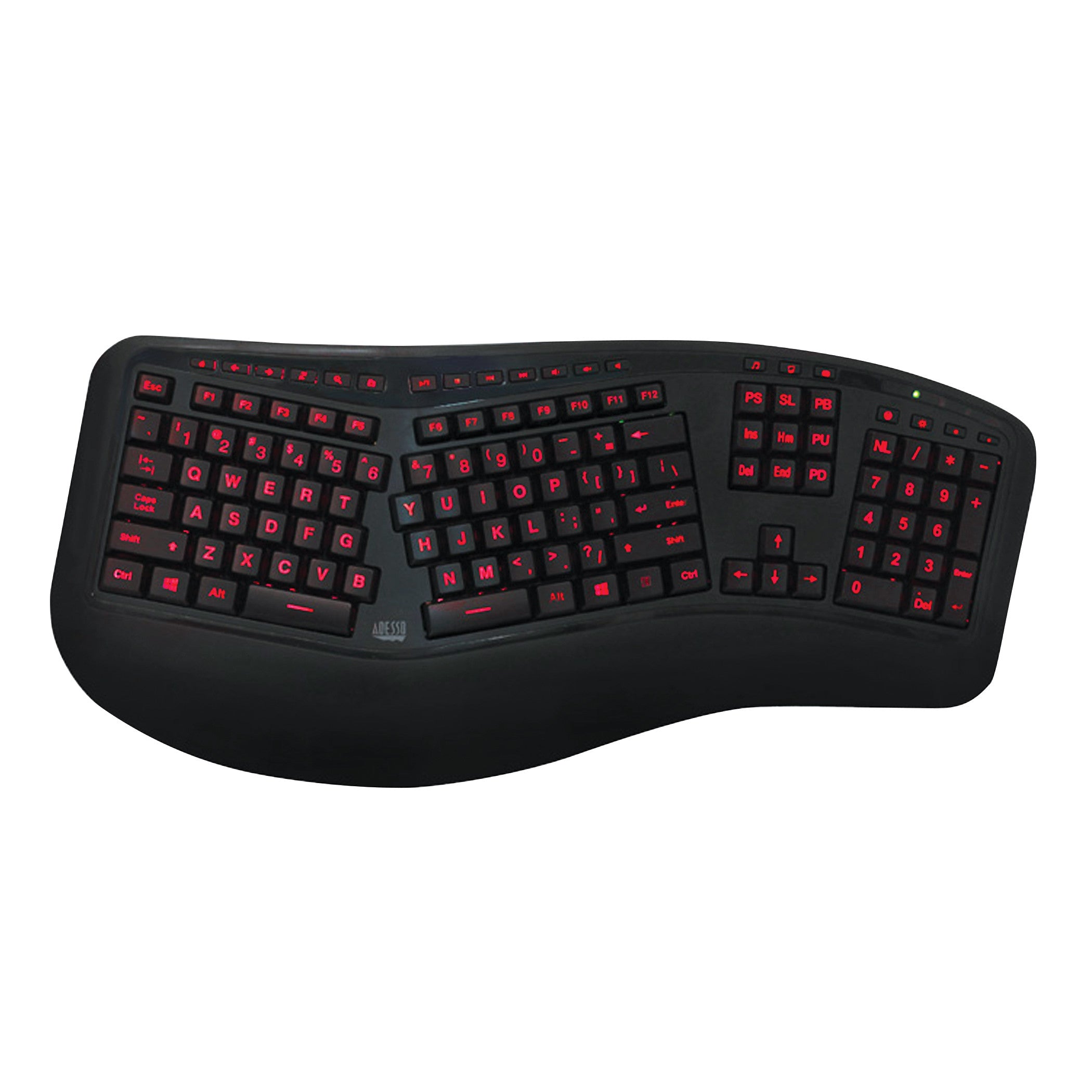 Adesso Tru-Form 150 3-Color Illuminated Ergonomic Keyboard with a split design and red backlit keys for easier typing.