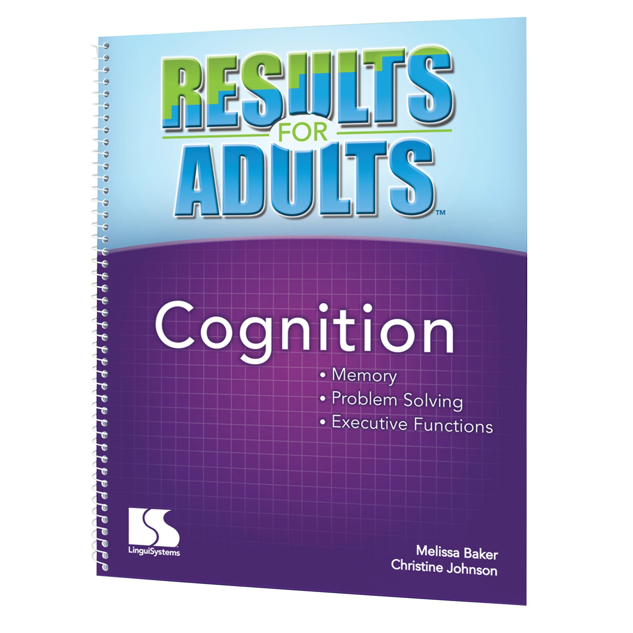 A spiral-bound book titled "Results for Adults: Cognition" focuses on memory, problem-solving, and executive functions.