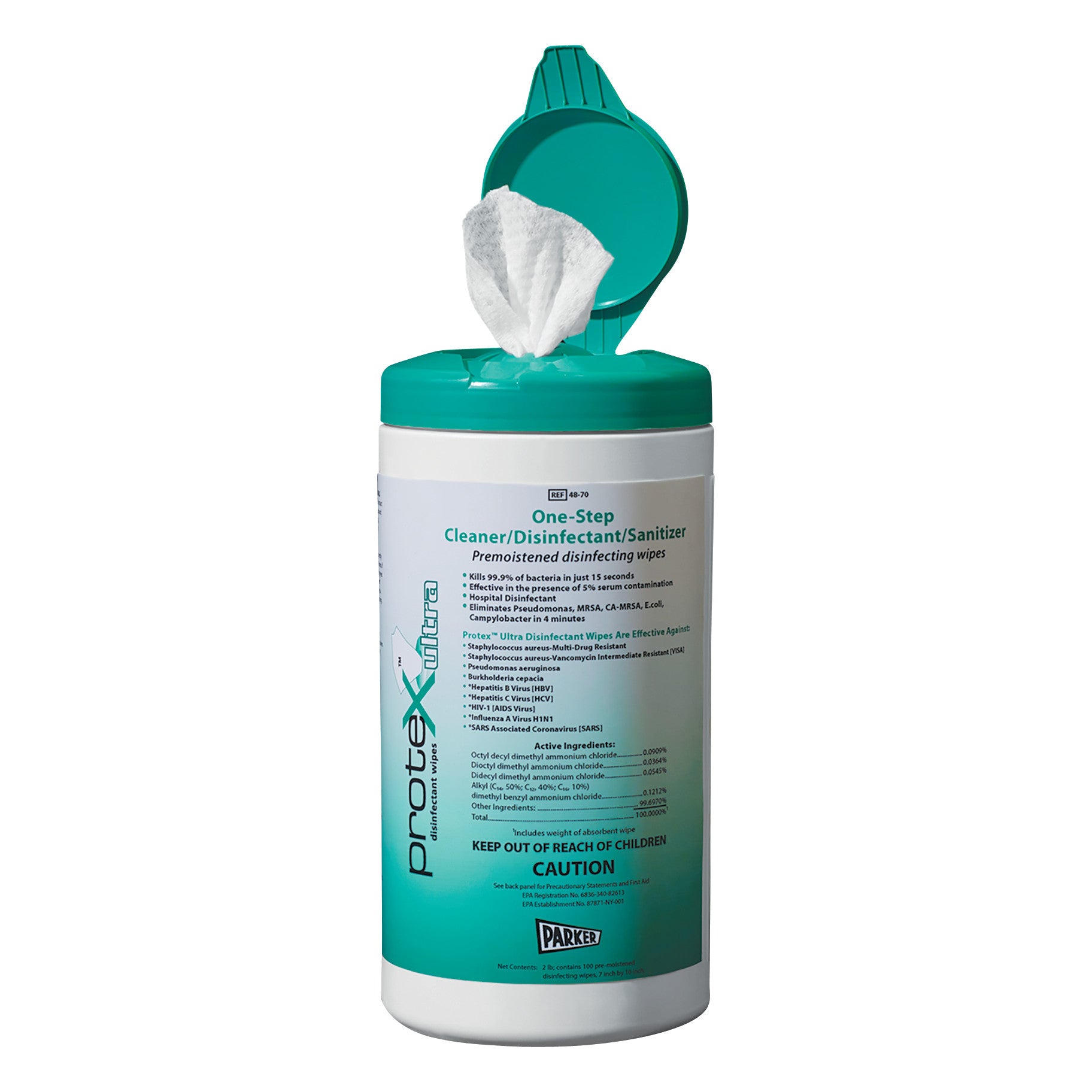 Parker Protex ULTRA Disinfectant Spray and Ultra Wipes container with a teal lid, featuring one-step cleaner and sanitizer details.
