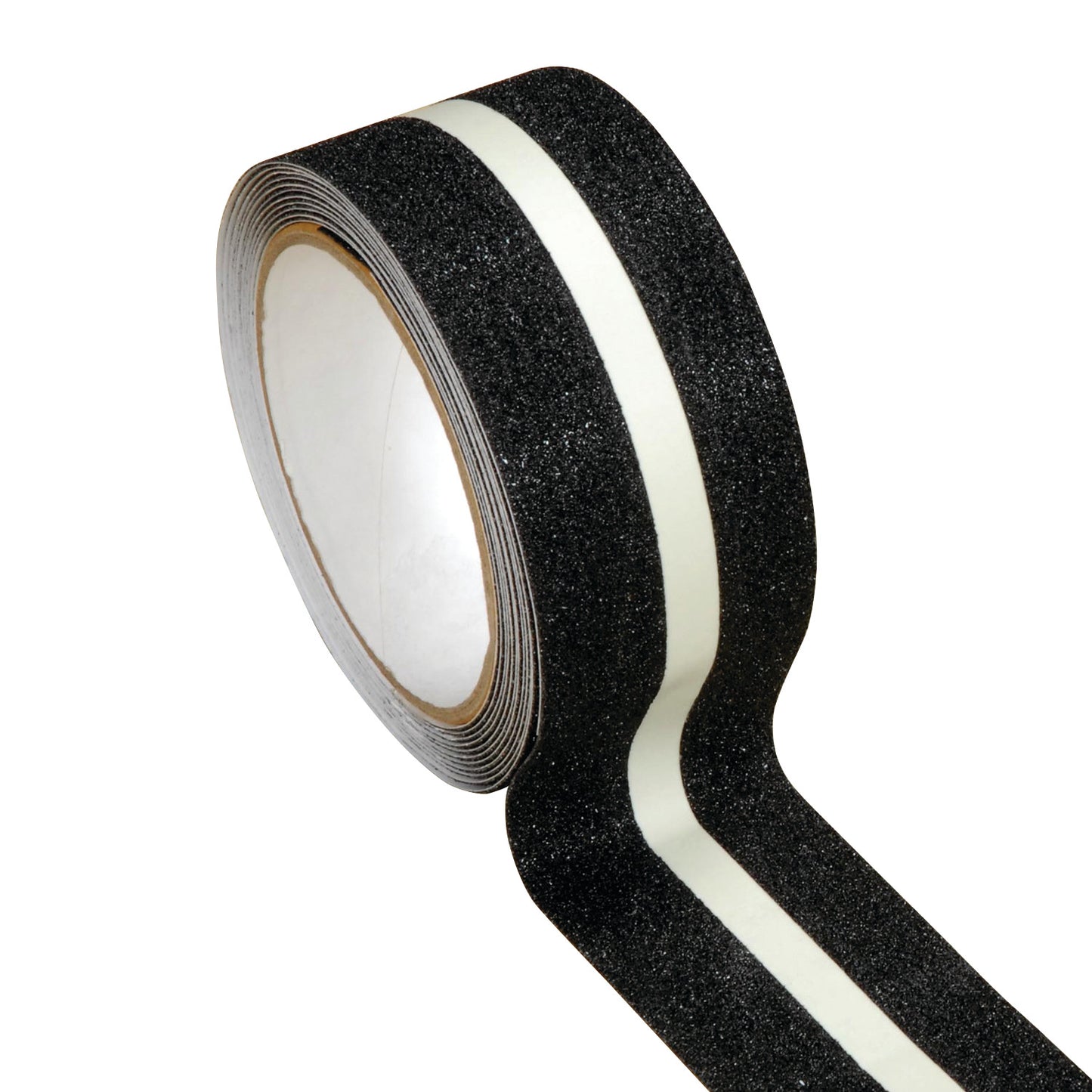 A roll of Glow Line Anti-Slip Tape with a black, gritty texture and a white central stripe, partially unrolled.