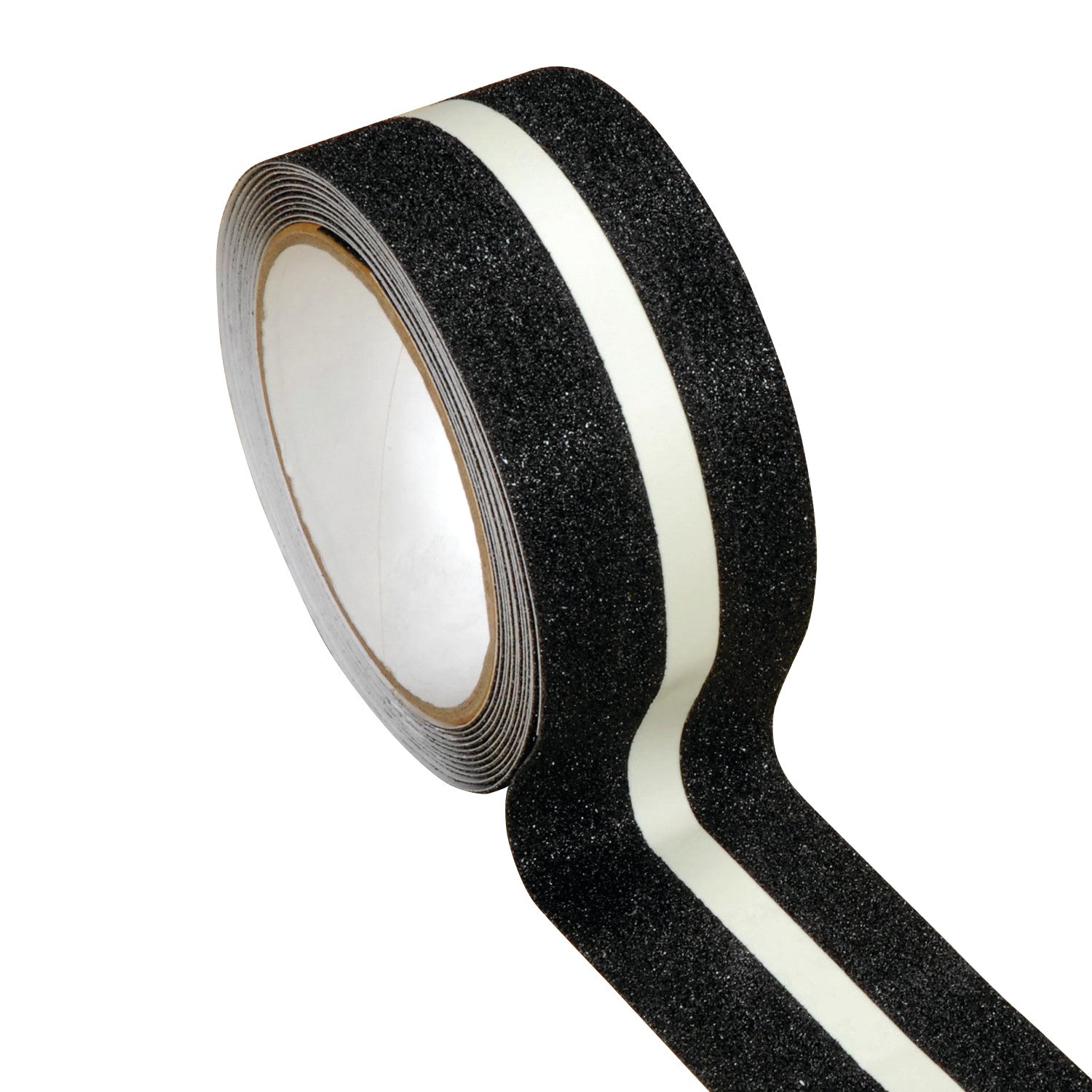 A roll of Glow Line Anti-Slip Tape with a black, gritty texture and a white central stripe, partially unrolled.