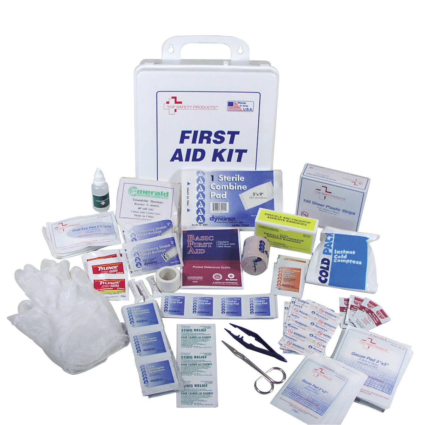 The 50-Person General Use First Aid Kit includes bandages, gloves, scissors, a cold compress, and various medical supplies.