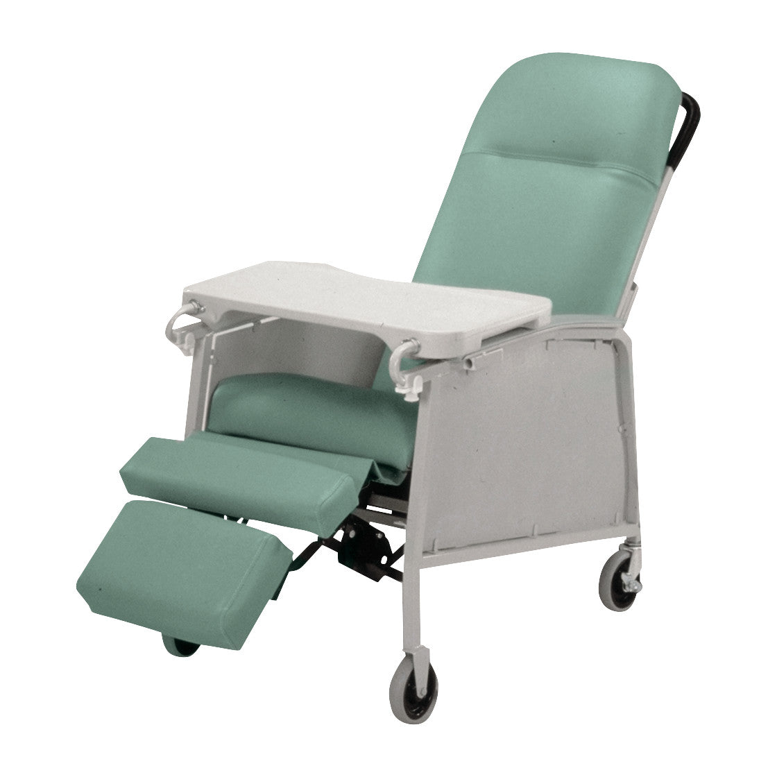 A reclining chair with green cushions, adjustable leg rests, wheels, and an Activity Tray Table for Lumex Preferred Care Recliner.