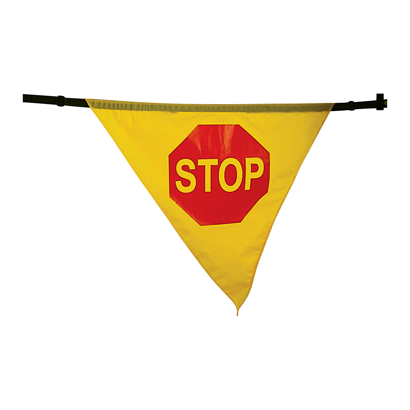 Adjustable Stop Banner featuring a yellow triangular design with a red octagon labeled "STOP," secured by a black strap.