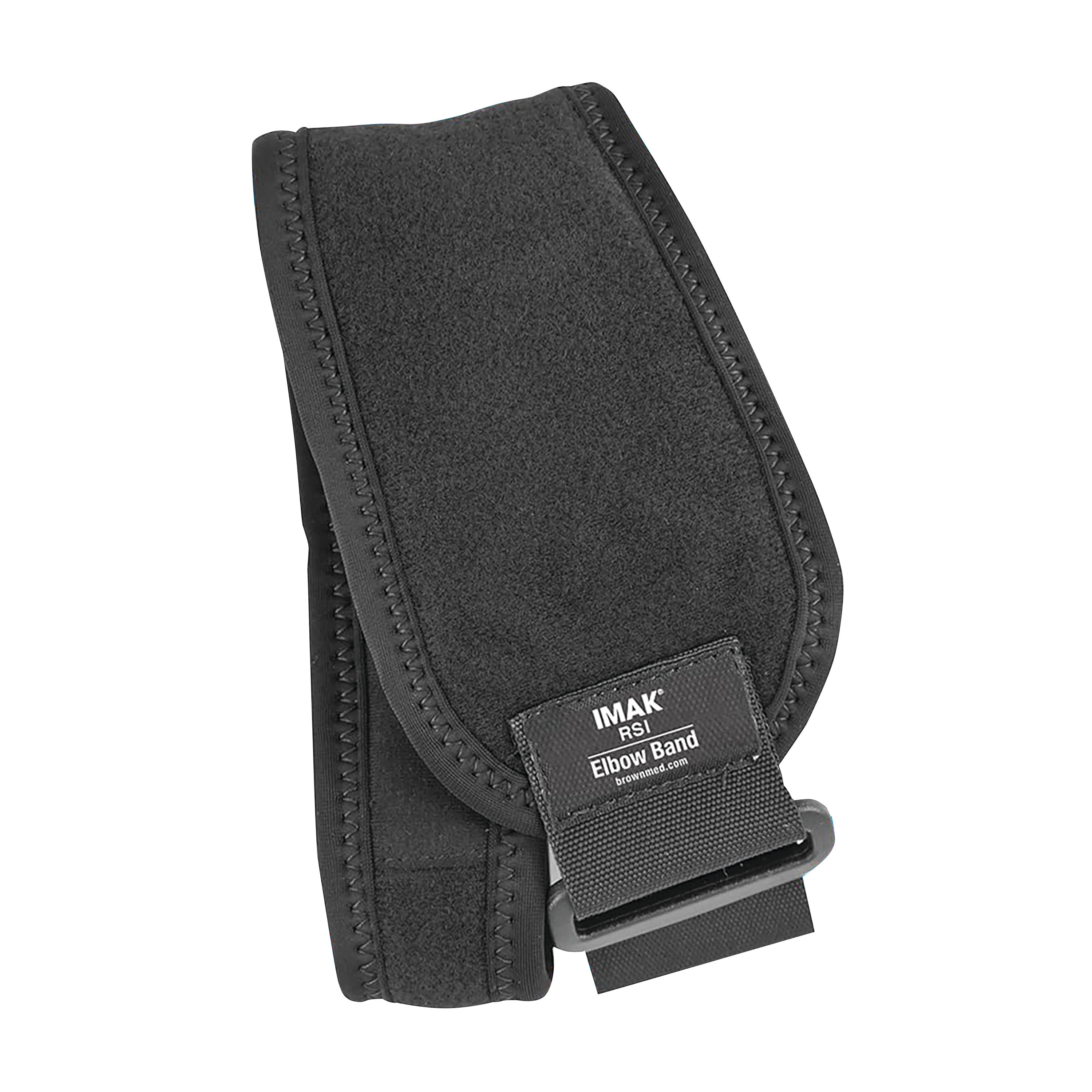 A Brownmed IMAK RSI Elbow Band. It is black with reinforced edges and a strap for adjustment.