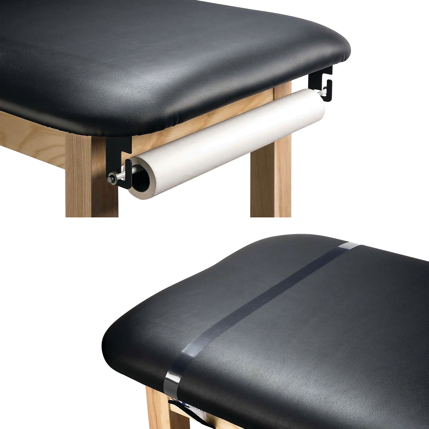 The image displays a Paper Dispenser and Cutter for Clinton Classic Series Treatment Tables, featuring a roll of paper beneath a black cushioned surface.