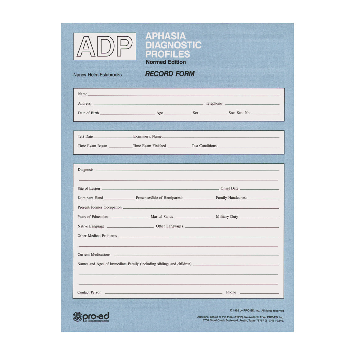 A blue form titled "Record Forms for Aphasia Diagnostic Profiles (ADP)" with sections for personal and medical information.