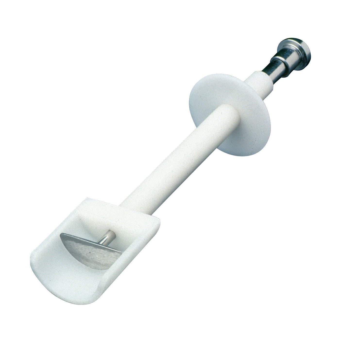 The Glossectomy Spoon is a medical device with a white handle and a metal blade, used to aid in surgical tongue procedures.