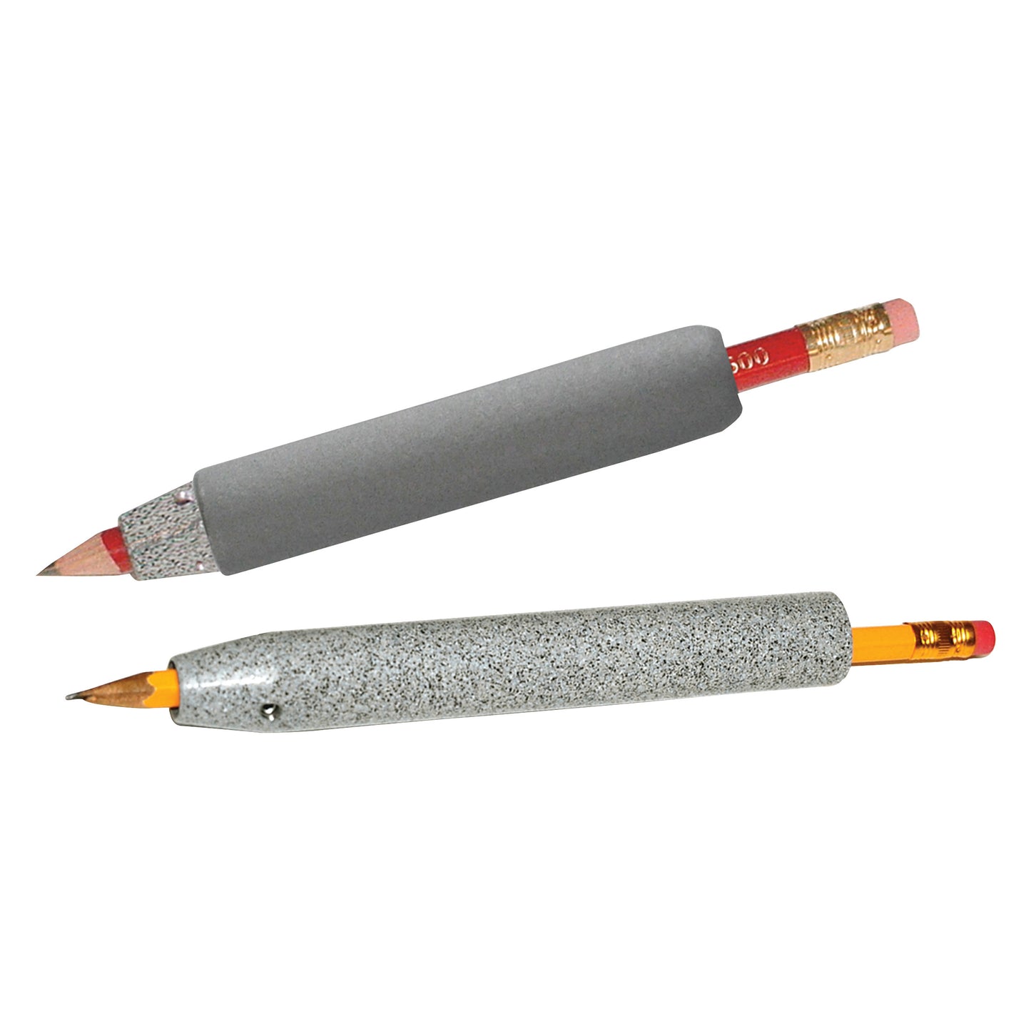 Weighted Universal Pen and Pencil Holder, shown with a pencil inserted, featuring a textured gray grip and weighted design.