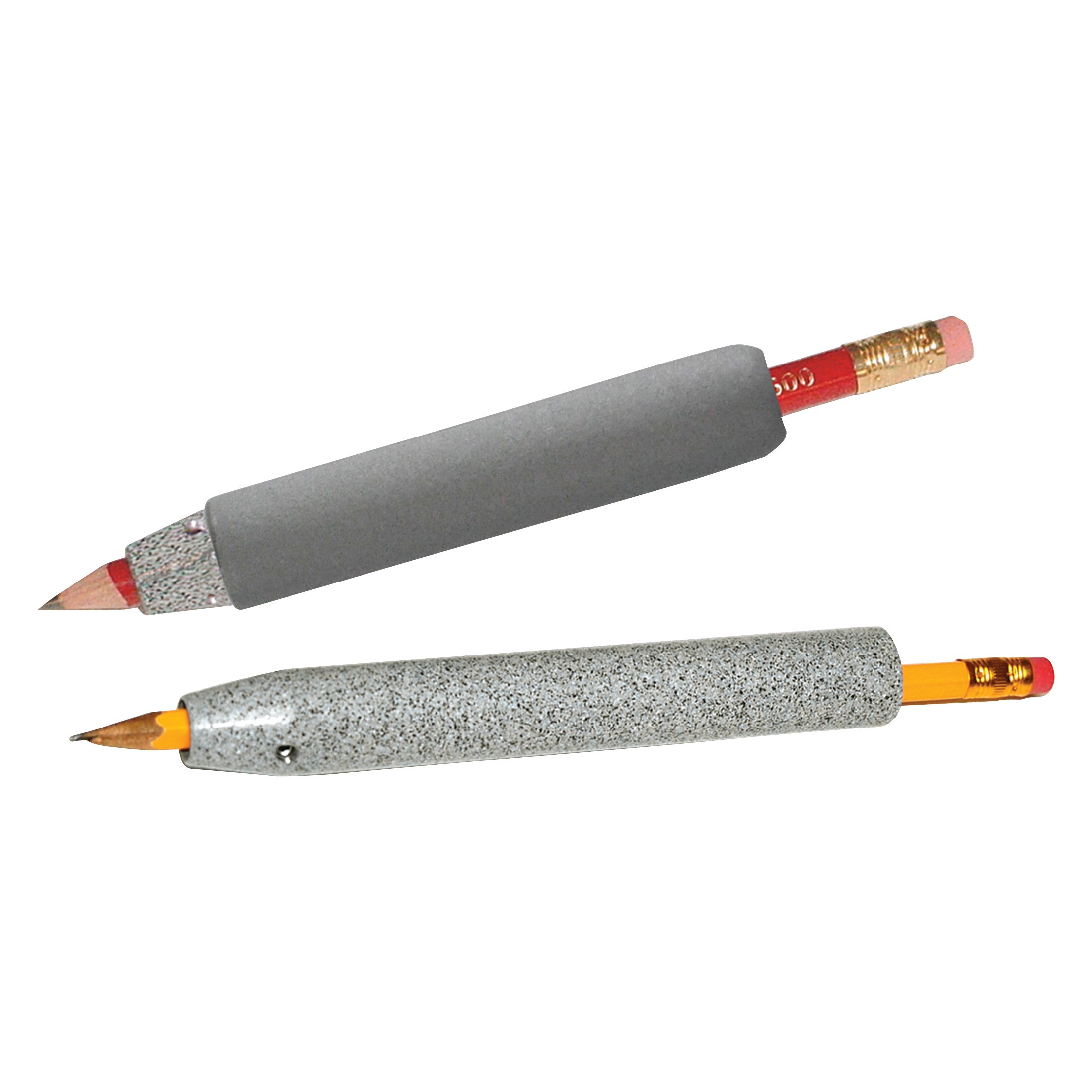 Weighted Universal Pen and Pencil Holder, shown with a pencil inserted, featuring a textured gray grip and weighted design.