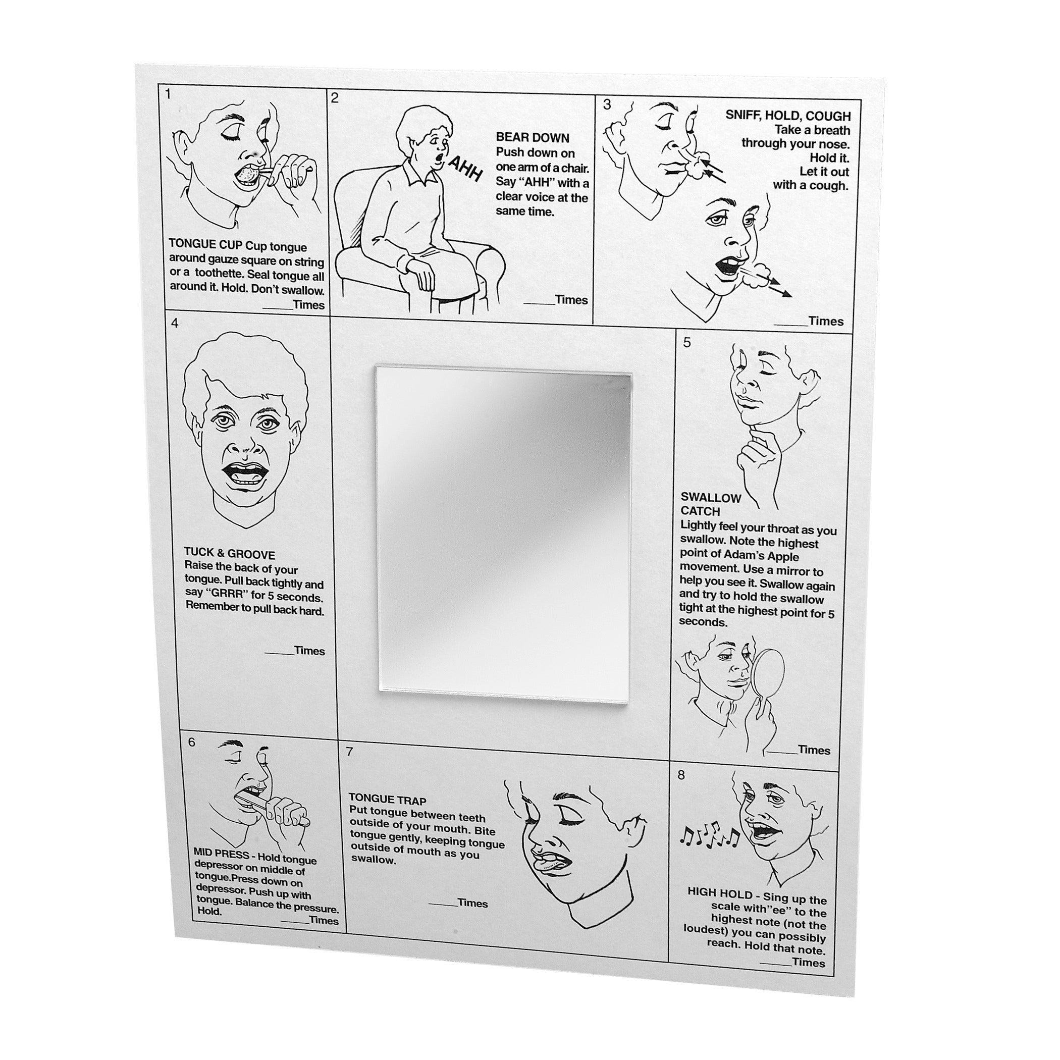 The AliMed Swallowing Images Chart shows illustrated swallowing exercises with instructions for each, and has a central mirror.