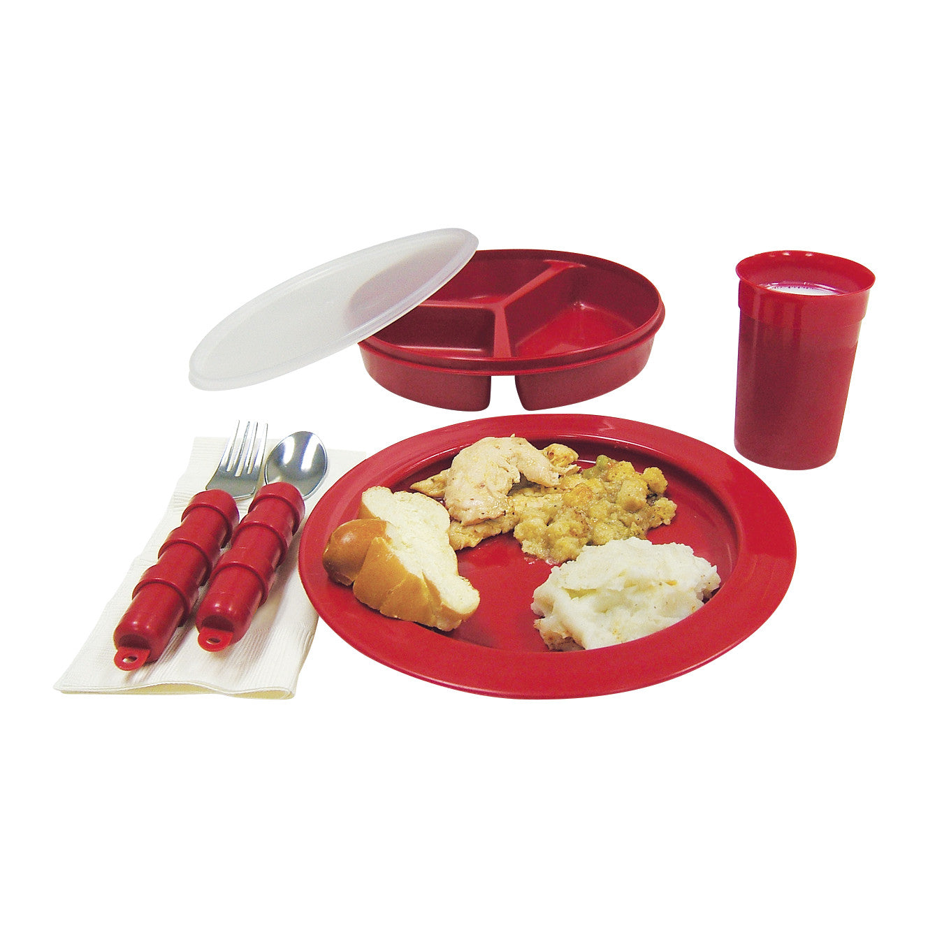 Redware Dining Set with a red divided plate, utensils with red handles, a matching cup, and a meal of bread, chicken, stuffing, and mash.