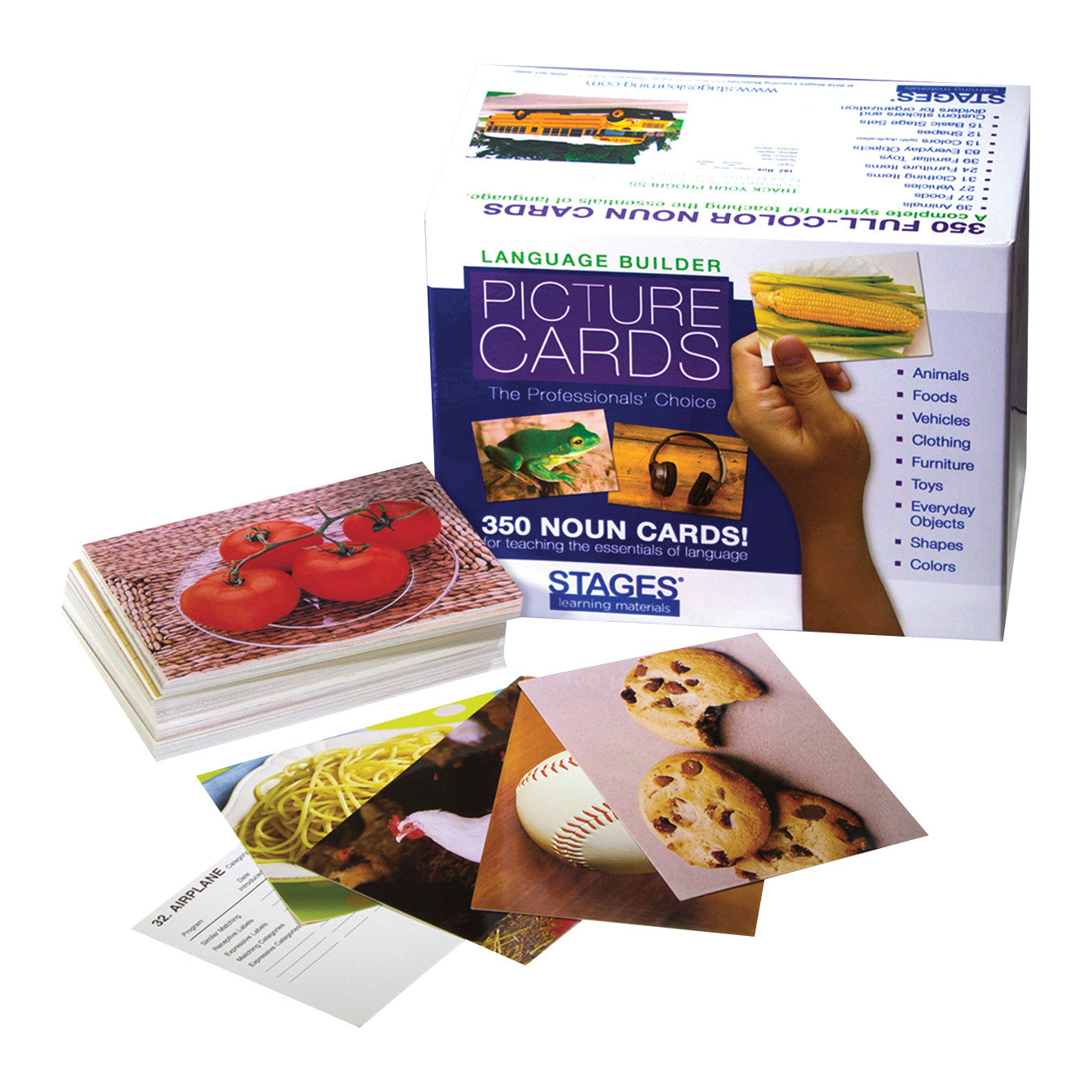 A box of "Language Builder Picture Noun Cards" with images of food, animals, and sports. The box includes 350 cards.