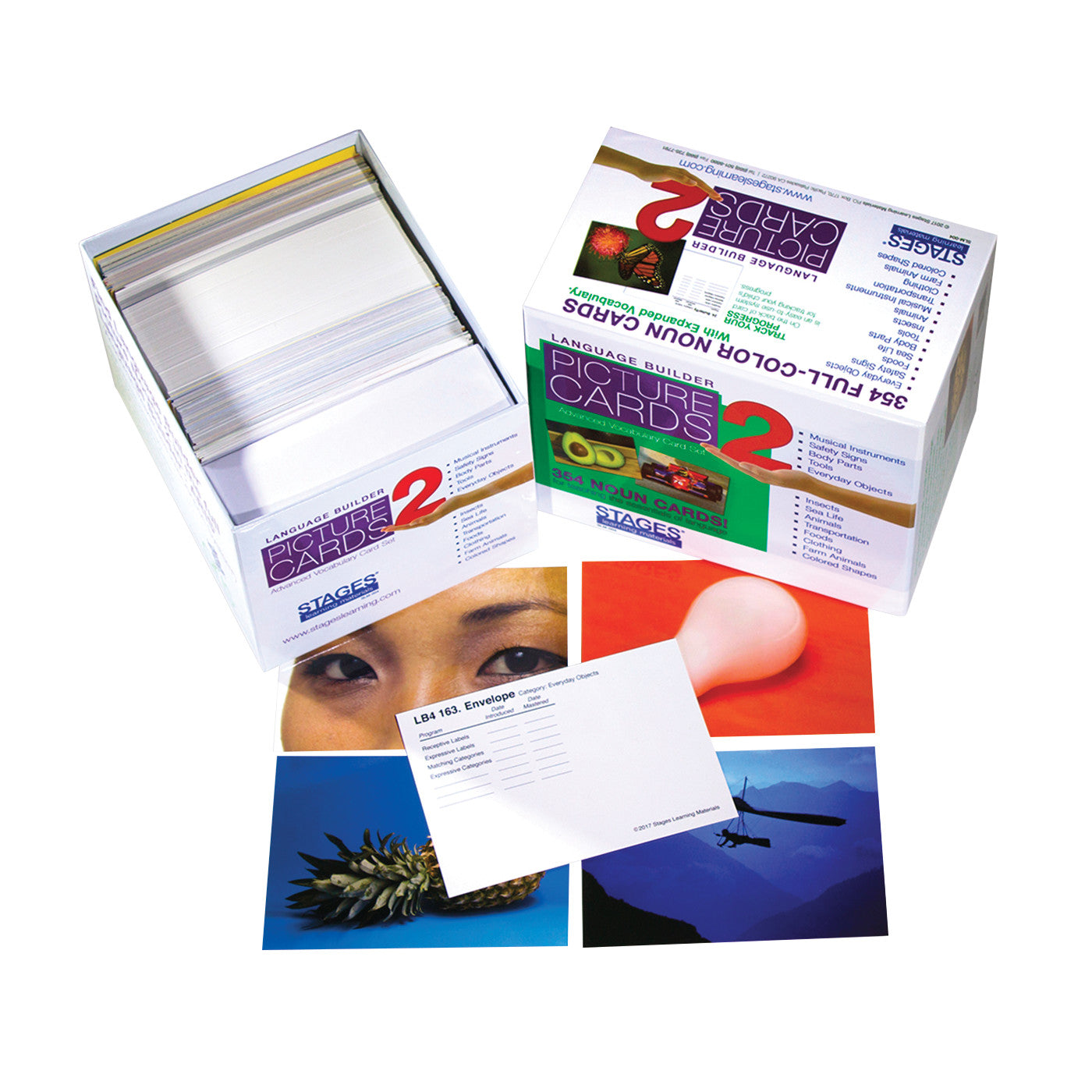 Boxes of "Language Builder Picture Noun Cards 2" with assorted colorful image cards displayed, showing various objects.