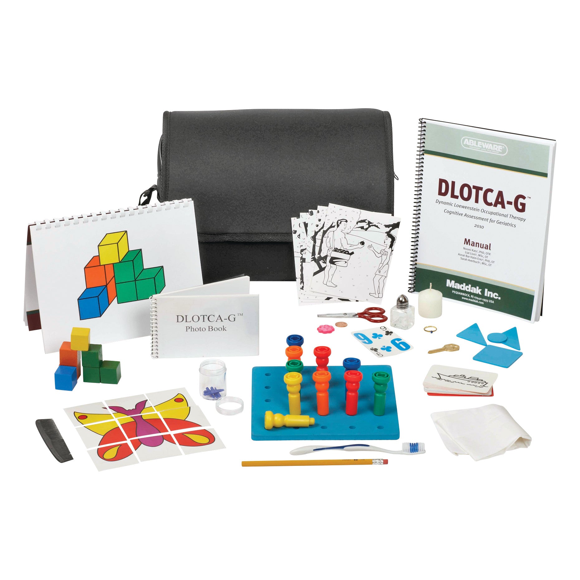 Dynamic Lowenstein Occupational Therapy Cognitive Assessment for Geriatrics (DLOTCA-G) kit with manuals, blocks, cards, and various tools.