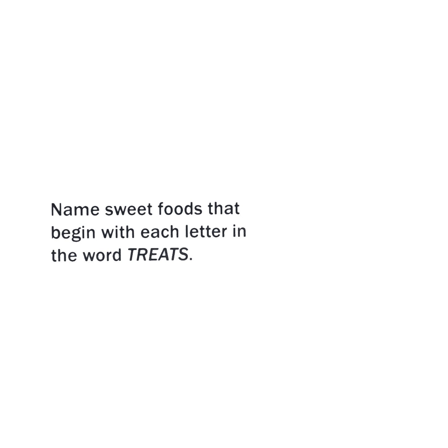 A card from Flex Your Language Cards prompts the naming of sweet foods starting with each letter in "TREATS," next to a plastic case.