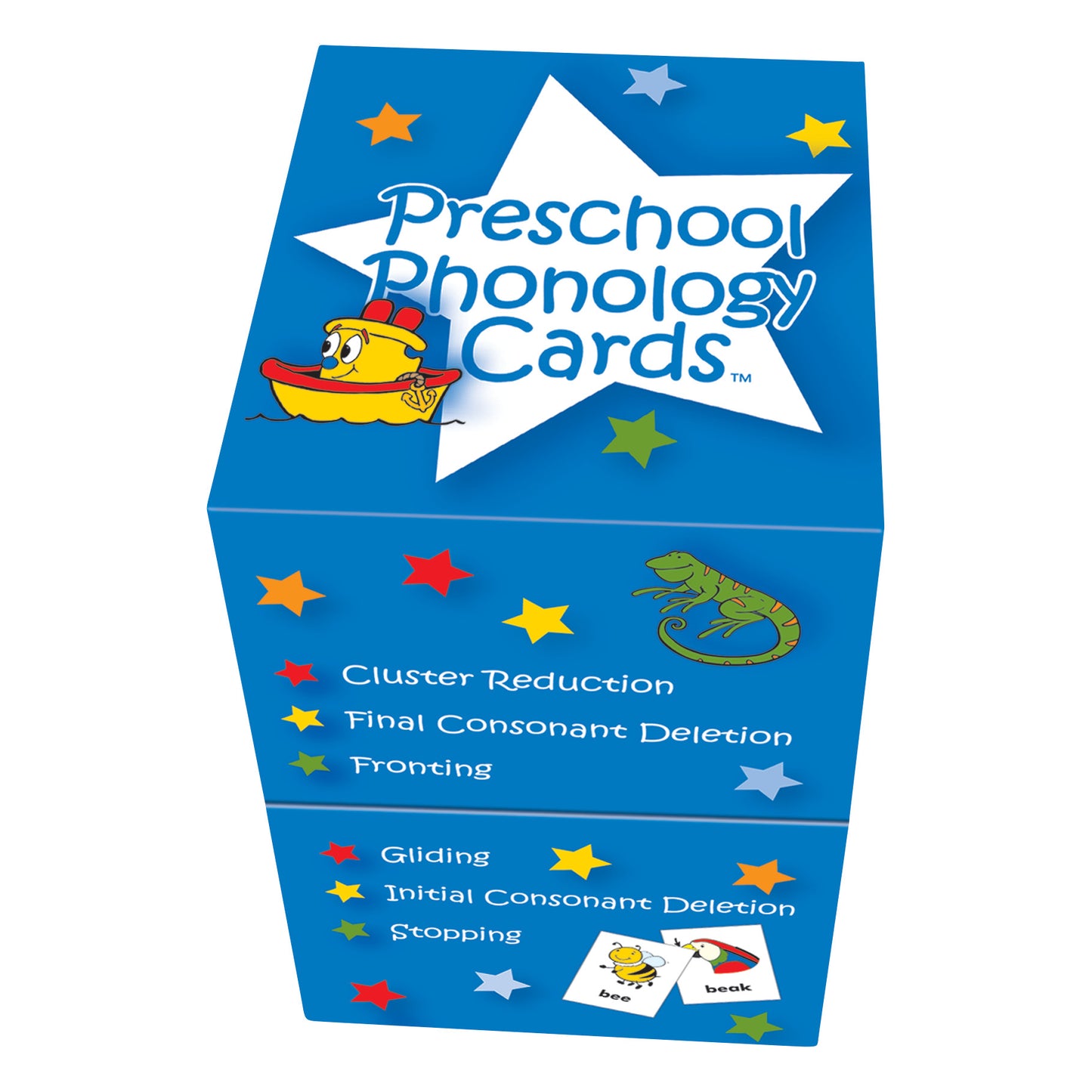 Blue box of Preschool Phonology Cards featuring colorful stars and illustrations, highlighting speech terms like Cluster Reduction.