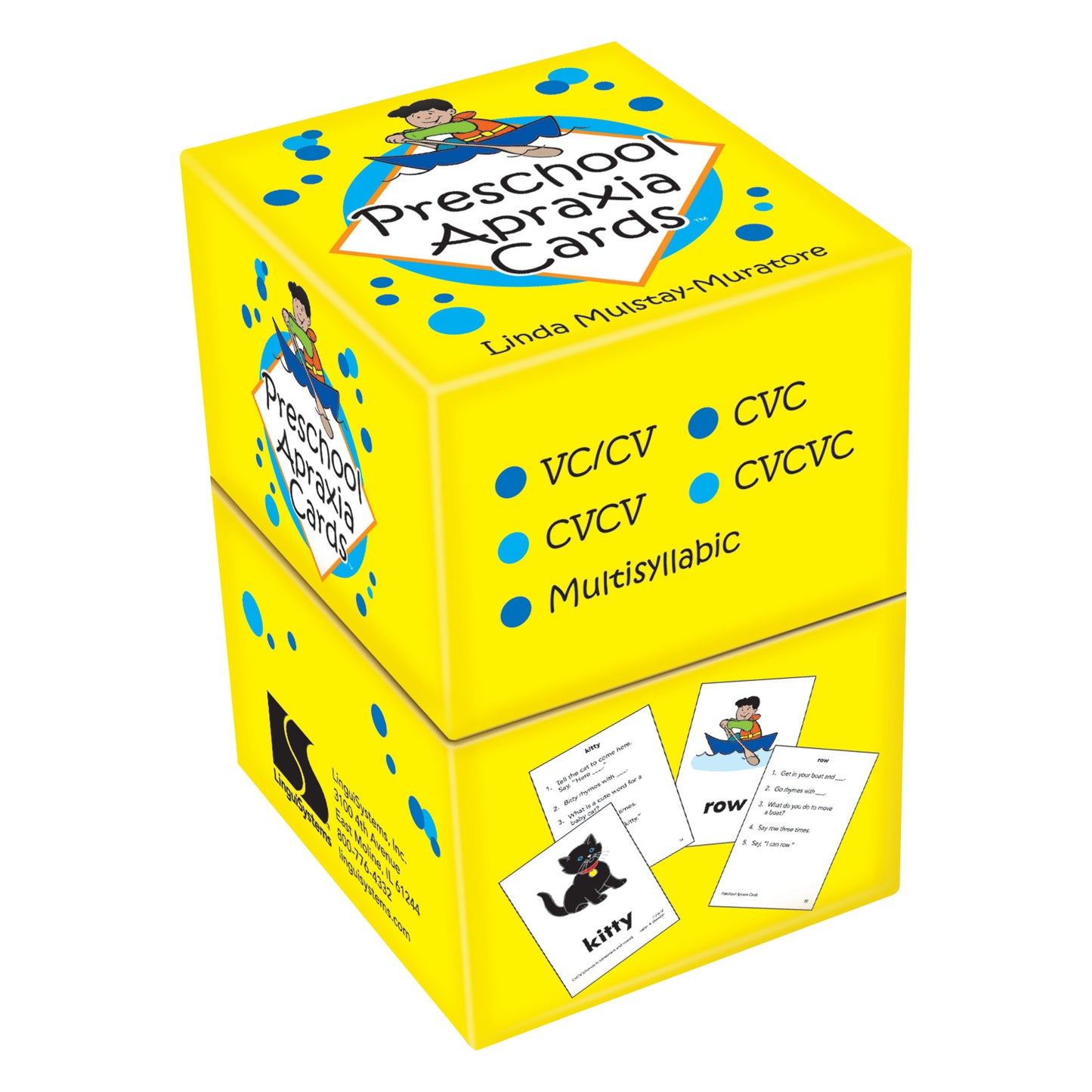 A yellow box of Preschool Apraxia Cards for speech development shows sample cards with words and images for different syllable patterns.