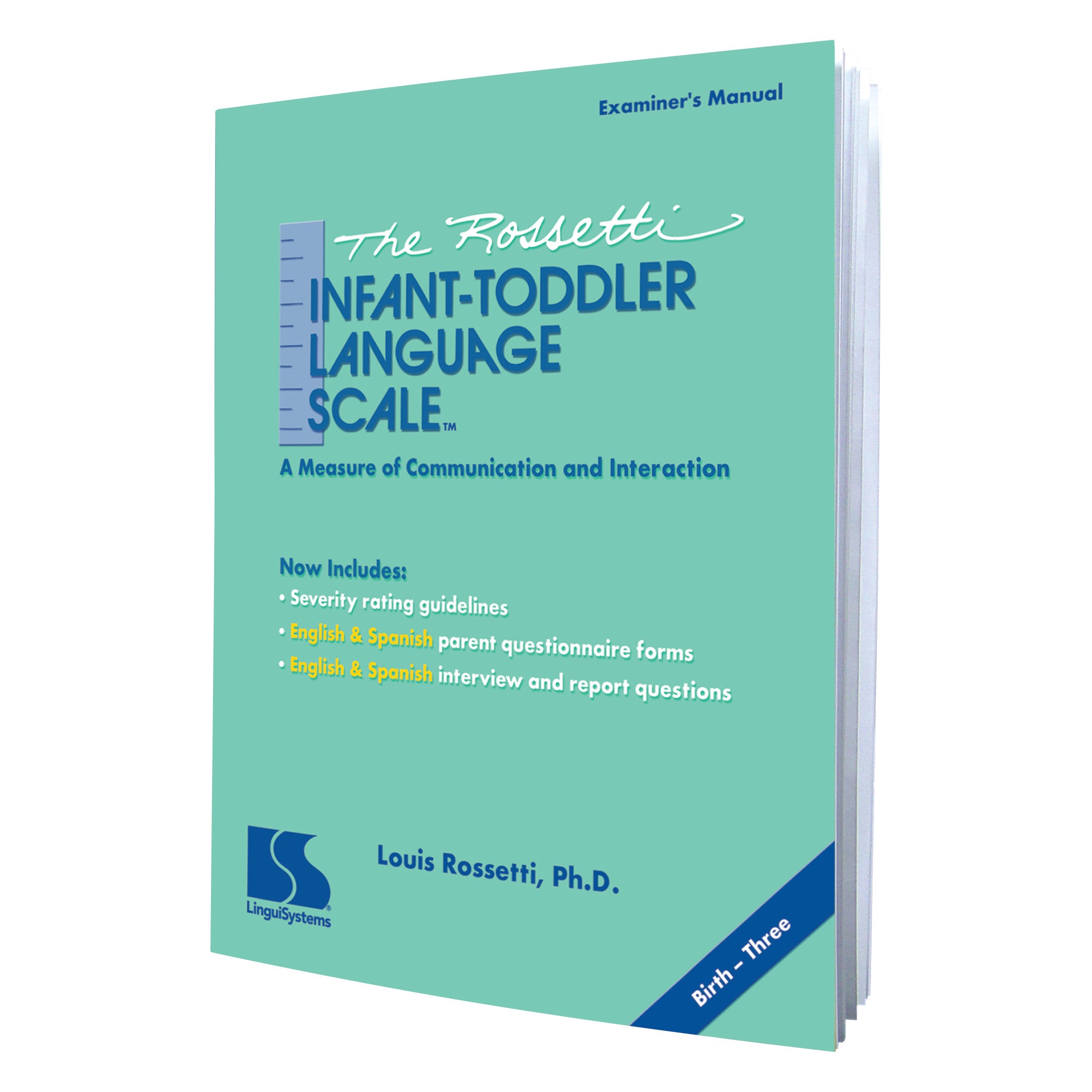 The Rossetti Infant-Toddler Language Scale cover features a teal background, highlighting communication measures for birth to three years.