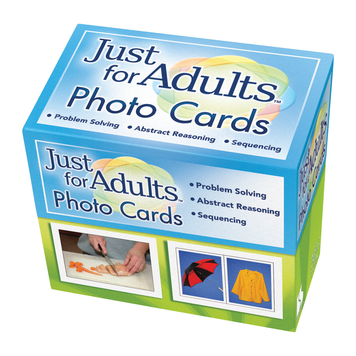 A box of "Just for Adults Photo Cards" for problem solving, abstract reasoning, and sequencing, featuring cutting and clothing images.