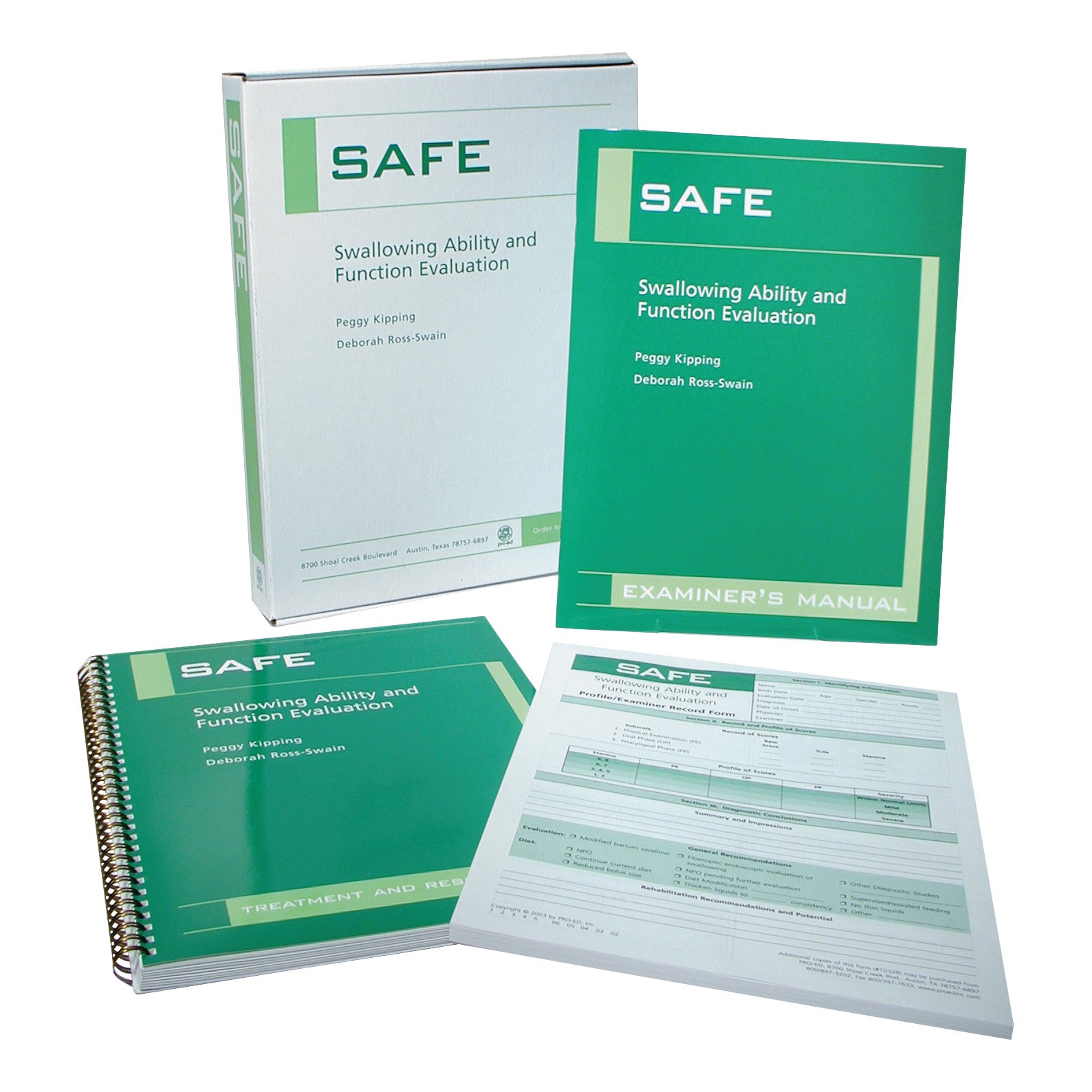 Swallowing Ability and Function Evaluation (SAFE) materials including examiner's manual, treatment guide, and record forms.