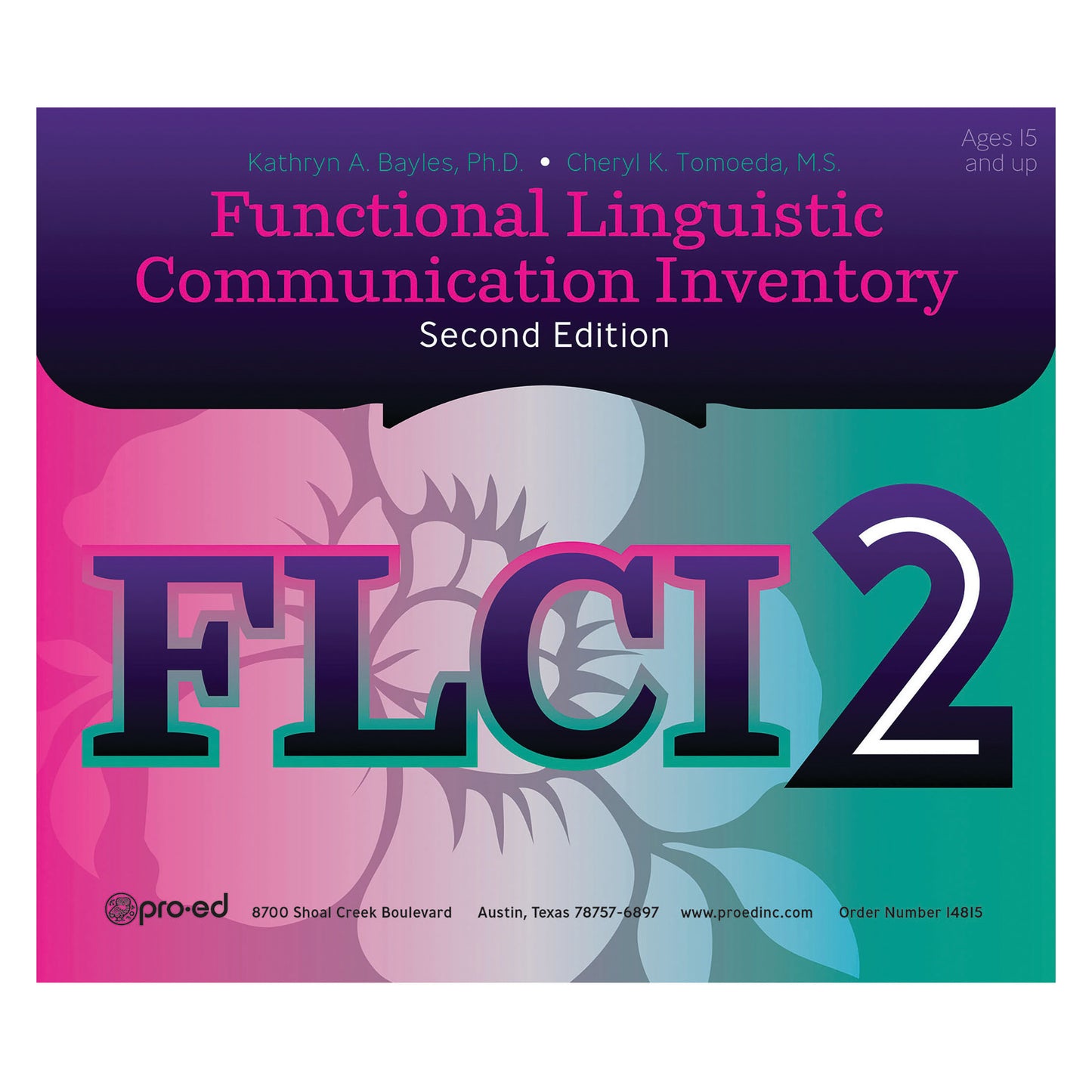 Cover of the Functional Linguistic Communication Inventory, 2nd Ed. (FLCI) with colorful floral design and text details.