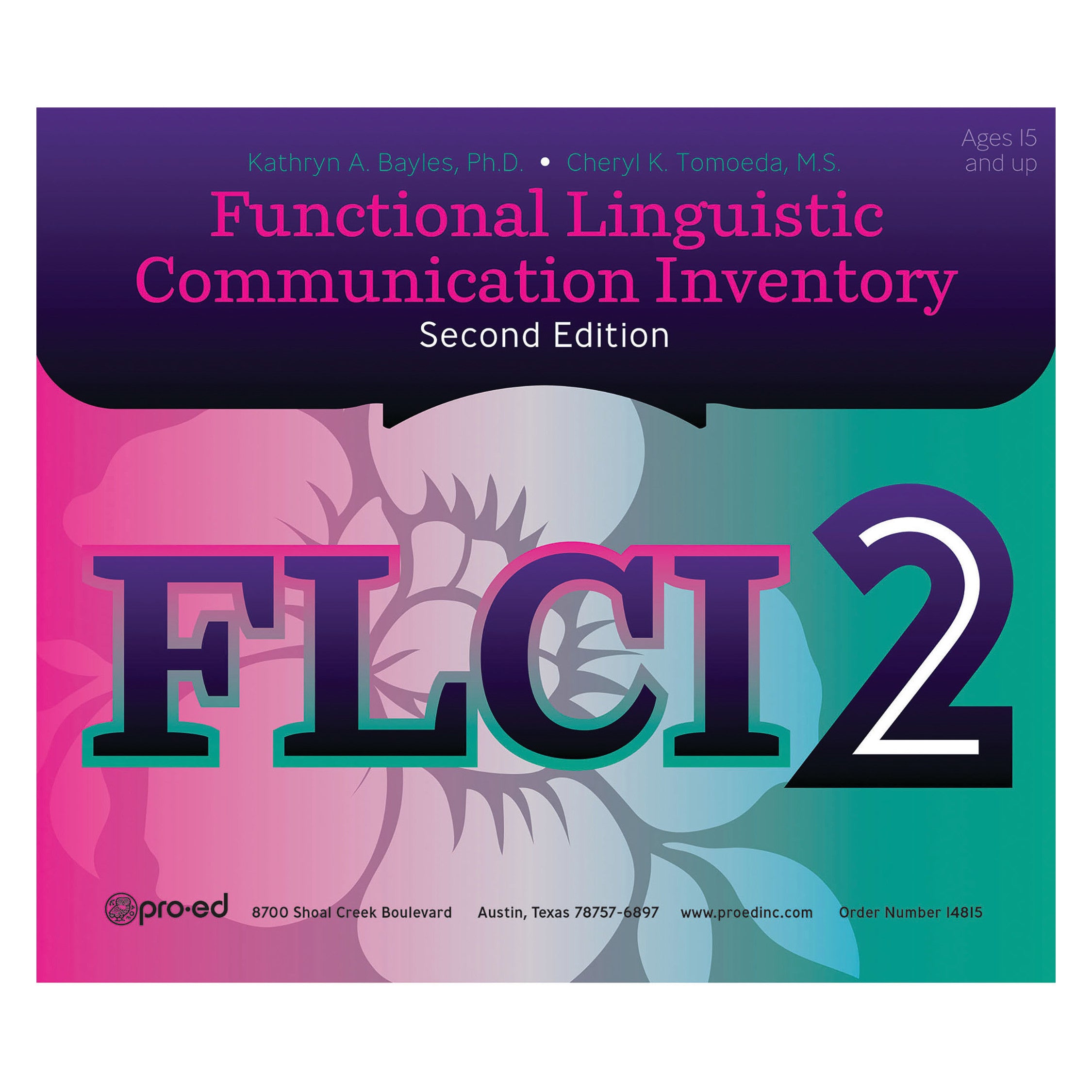 Cover of the Functional Linguistic Communication Inventory, 2nd Ed. (FLCI) with colorful floral design and text details.