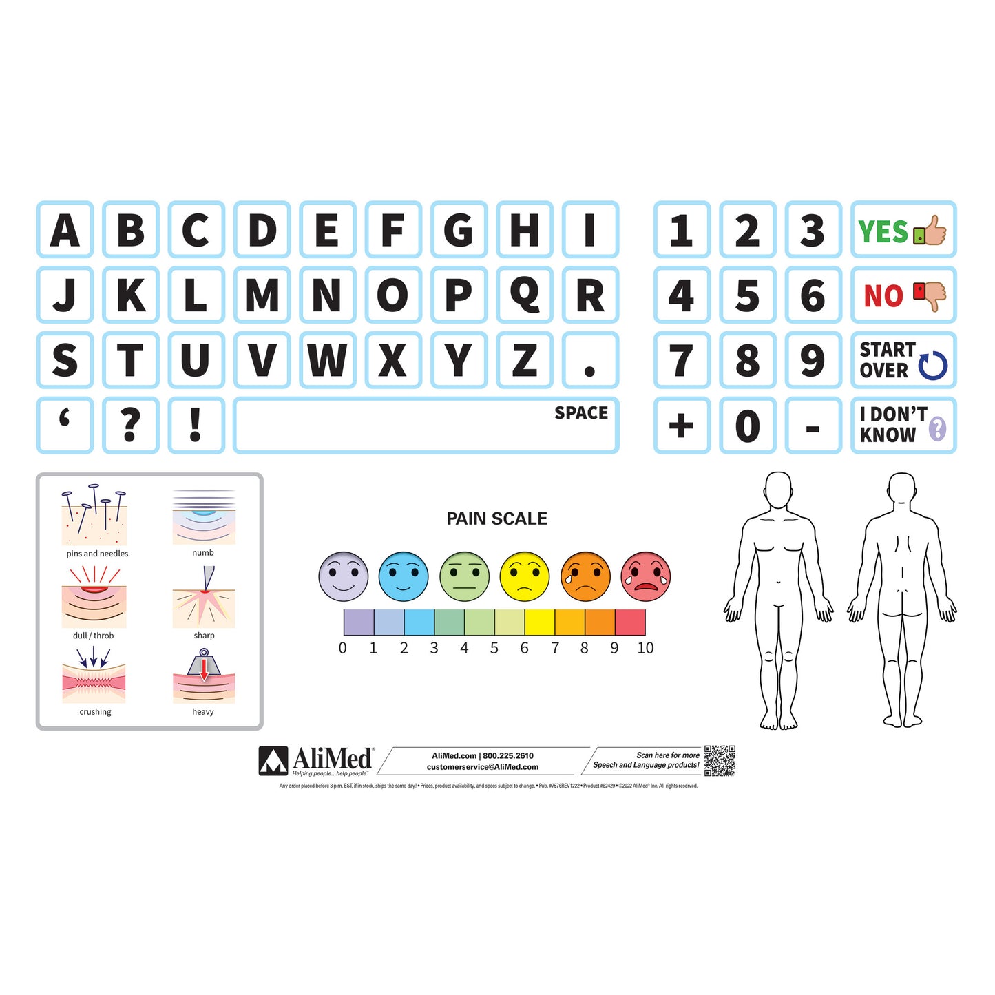 AliMed Critical Communicator includes an alphabet keyboard, pain scale, and body charts to help patients describe symptoms.