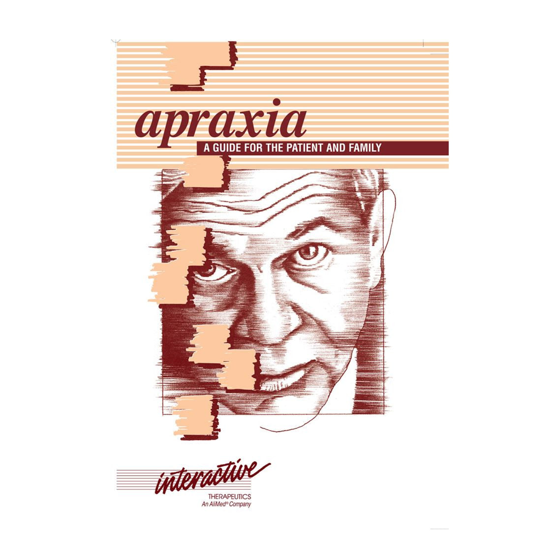Cover of "AliMed Apraxia: A Guide for the Patient and Family" with an illustrated face divided by beige stripes on a white background.