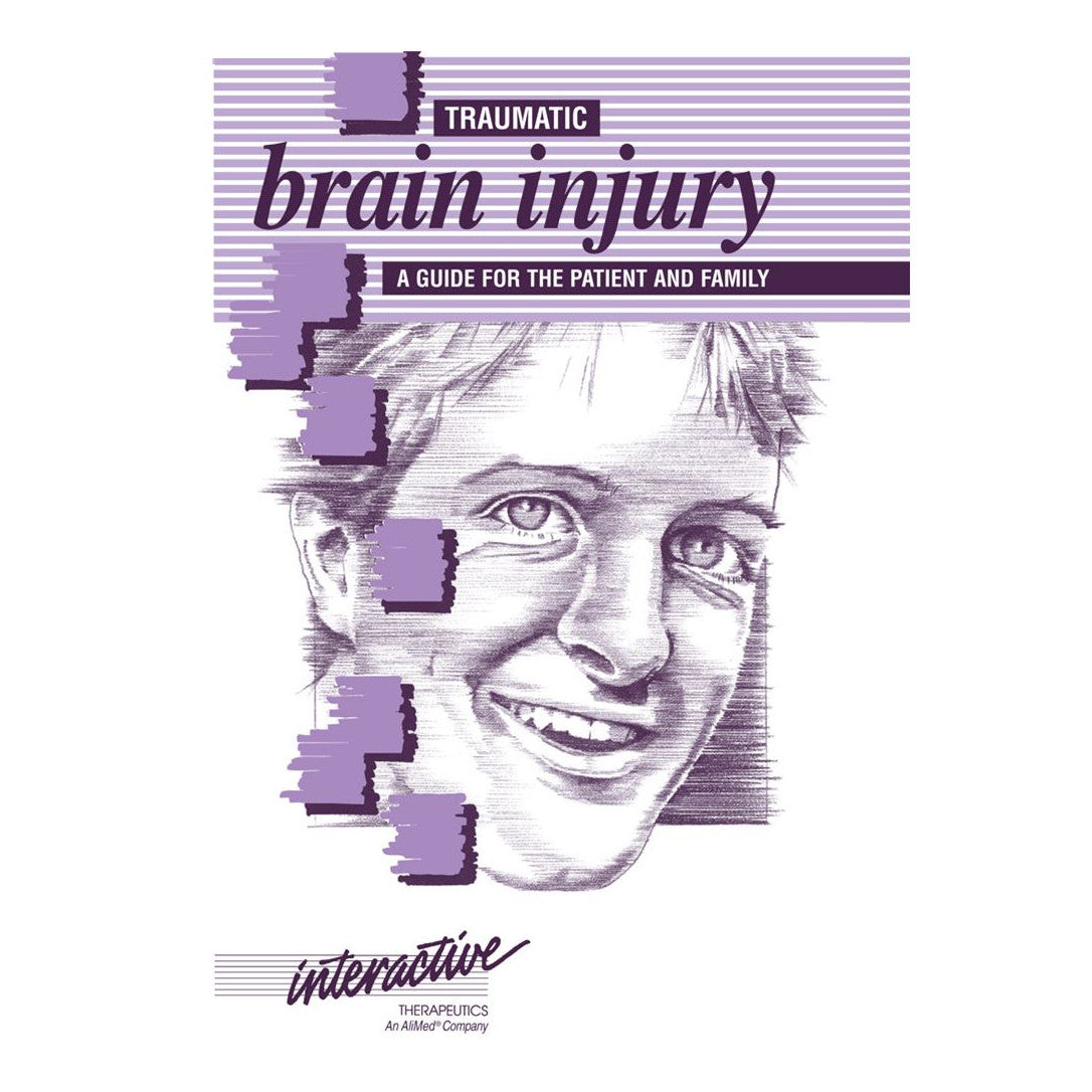 The cover of AliMed Traumatic Brain Injury: A Guide for the Patient and Family features a sketch of a smiling person with purple graphics.