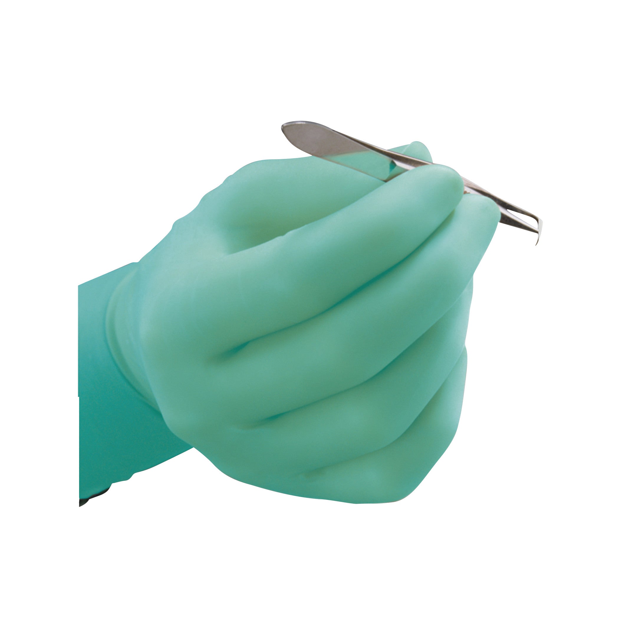 A gloved hand wearing Aloetouch Powder-Free Latex Surgical Gloves holds a small metal tool against a white background.