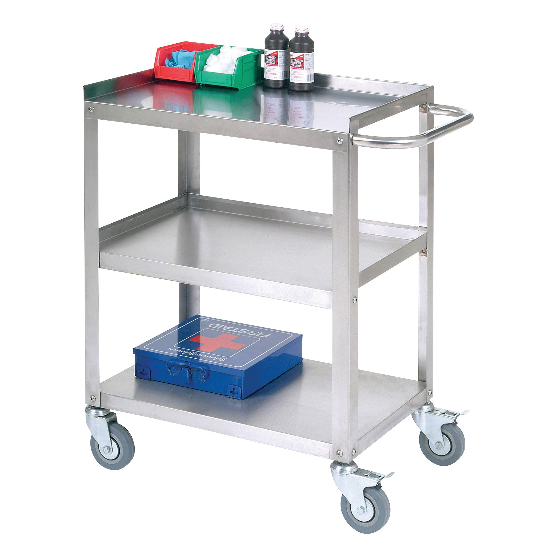 Nexel Light Duty Stainless Steel Utility Cart with three shelves holds medical supplies, including a first aid kit and bottles.
