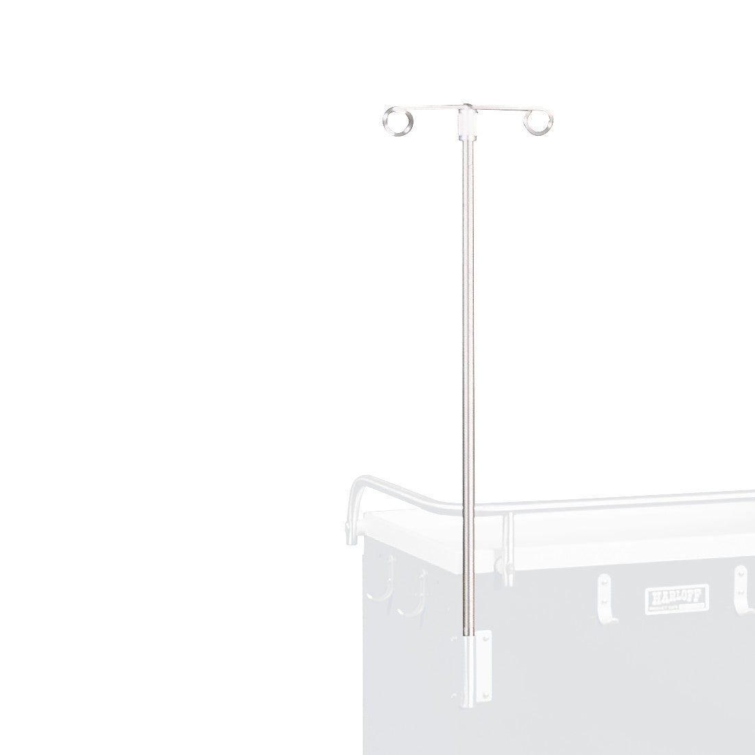 Harloff Emergency Cart Accessory: IV Pole for M-Series/Classic Line Carts, featuring a metal pole with two hooks, attached to a cart edge.