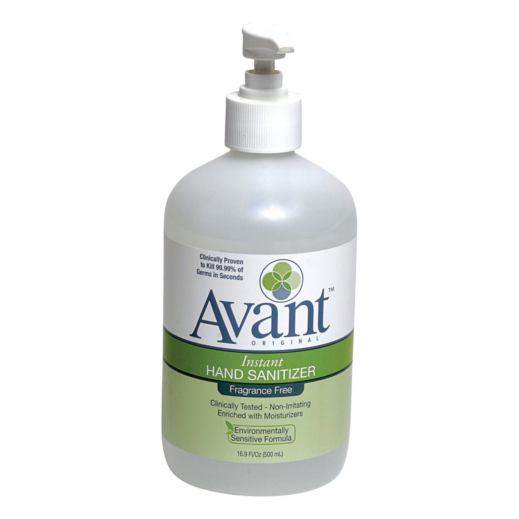 Avant Instant Hand Sanitizer in a 16.9 fl oz bottle with a pump, fragrance-free, clinically tested, enriched with moisturizers.