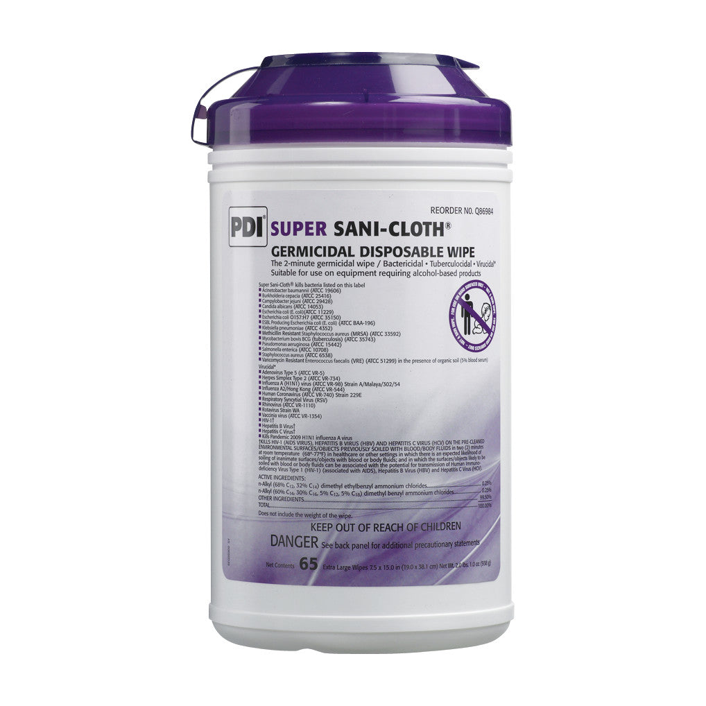 Container of PDI Super Sani-Cloth Germicidal Disposable Wipes with a purple lid and product information printed on the label.