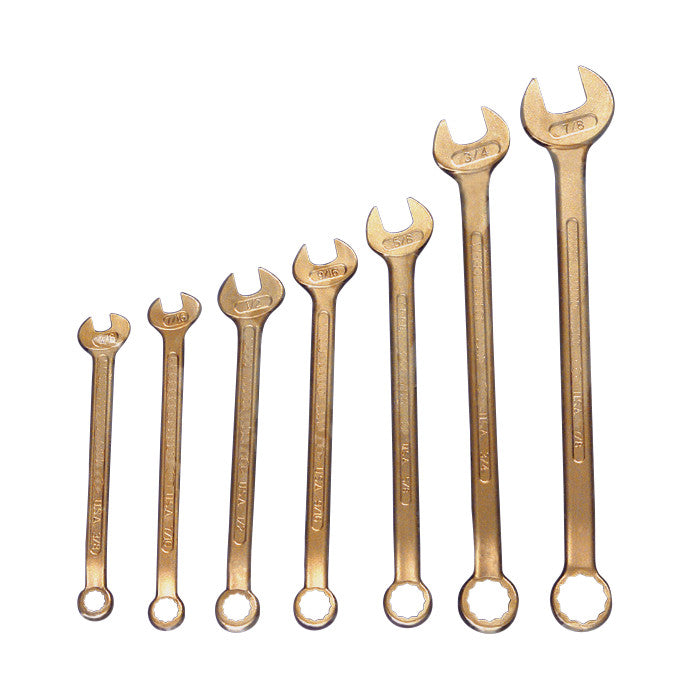 Combination 7-Piece Wrench Set in varying sizes, featuring open and closed ends, arranged in ascending order from left to right.