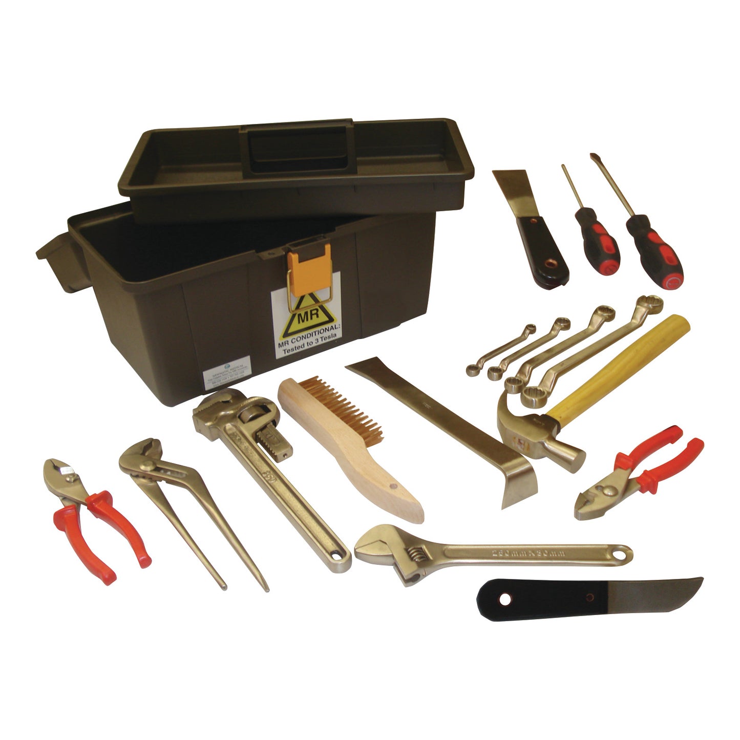 The MRI 17-Piece Tool Box includes pliers, wrenches, screwdrivers, a hammer, a scraper, a wire brush, and a storage box.