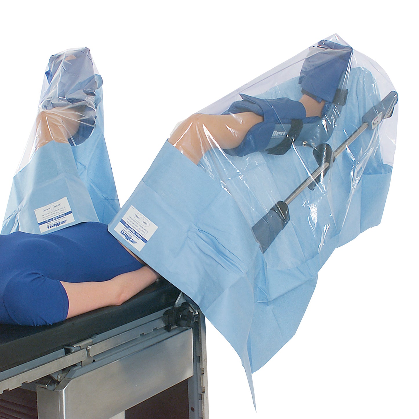 A patient lies on a medical table with legs elevated in stirrups, covered by the Allen Safety Drape, featuring protective blue sheets.