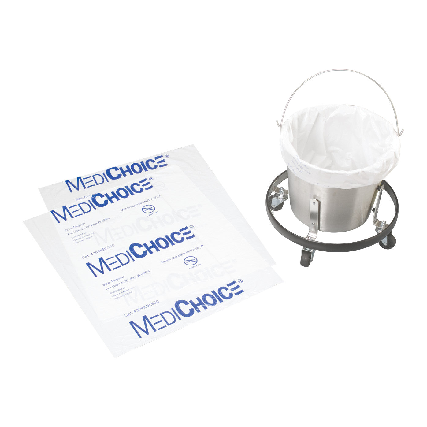 A stainless steel bucket with wheels holds a white Kick Bucket Liner; two additional liners are laid flat nearby.