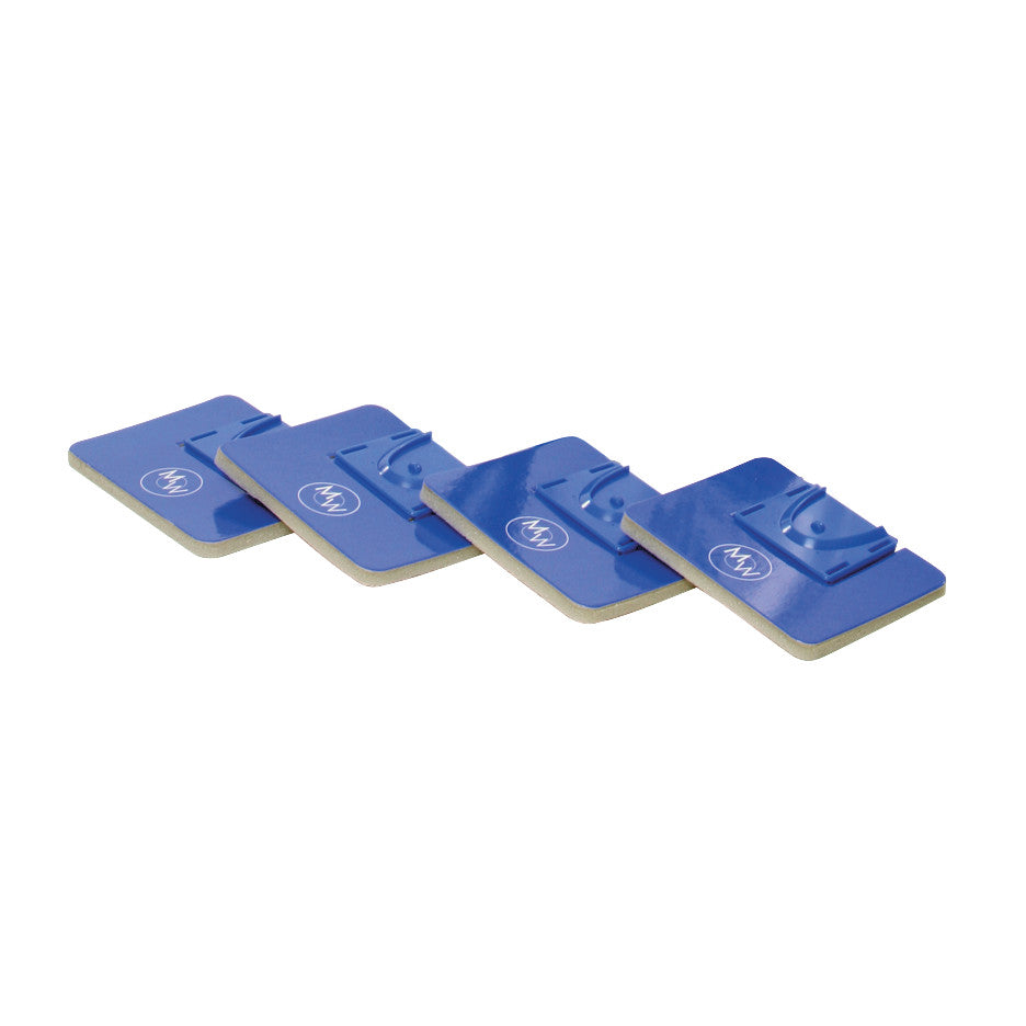 Four blue Disposable Pads for MagnaWand MRI Cleaning Tool are aligned diagonally, each featuring a circular design on top.