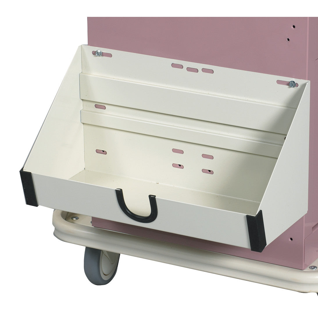 AliMed Cart Accessory: Suction Unit Holder for Select/Standard/Wide Series Medical Carts attached to a pink medical cart with wheels.
