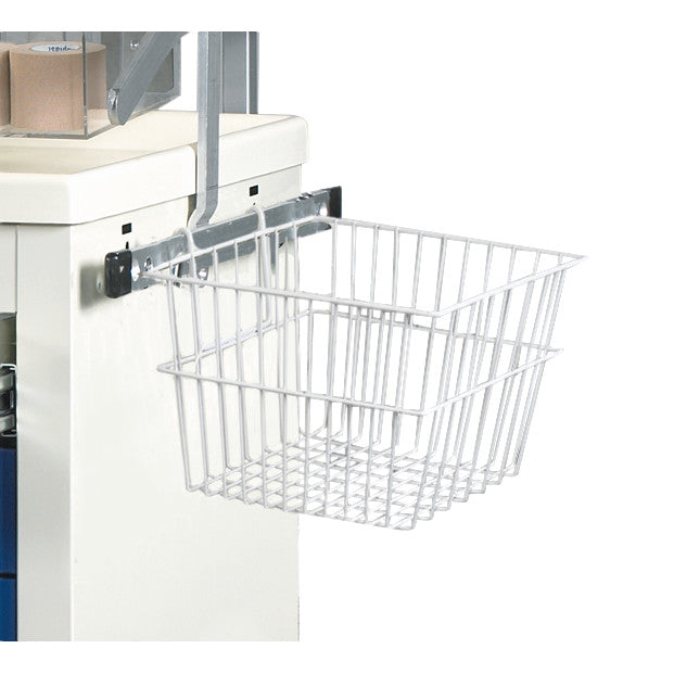 A white wire basket, AliMed Cart Accessory: Wire Basket for Mini/Select/Standard/Wide Series Medical Carts, is attached to a medical cart.