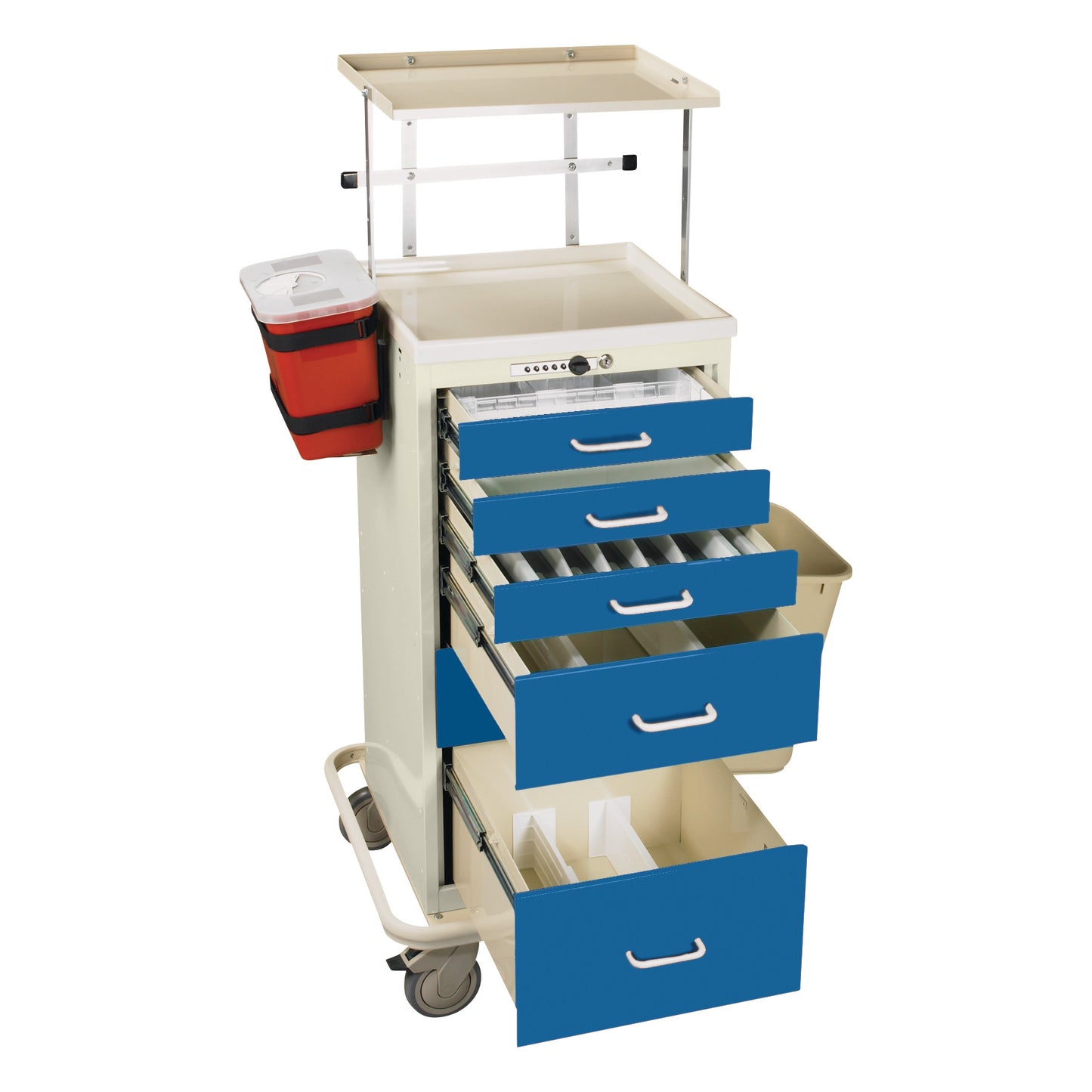 Accessory Package for AliMed Mini Series Anesthesia/Anesthesia Tower Carts with blue drawers, a red container, and wheels.
