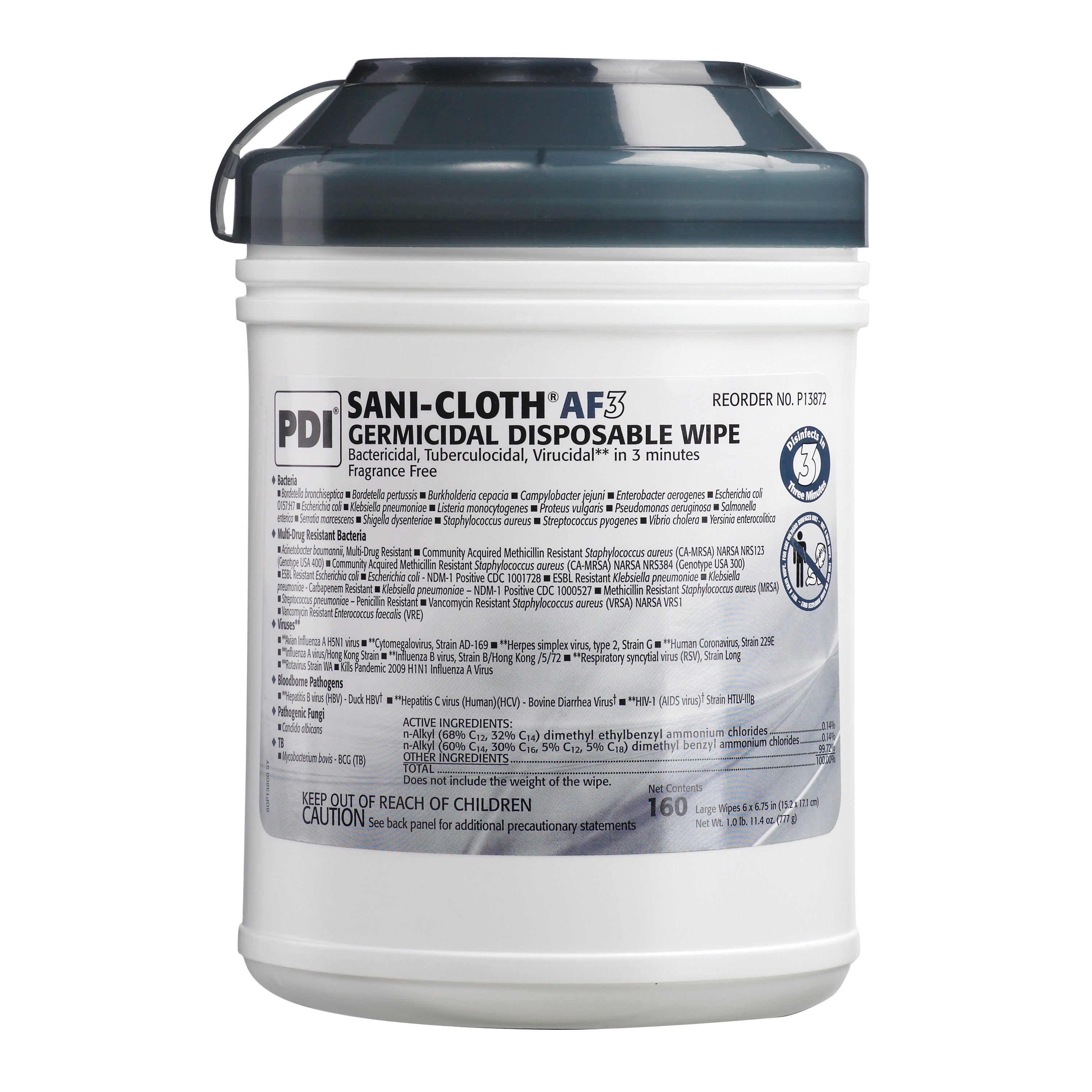 Container of PDI Sani-Cloth AF3 Germicidal Disposable Wipes, labeled as bactericidal and fragrance-free, containing 160 large wipes.