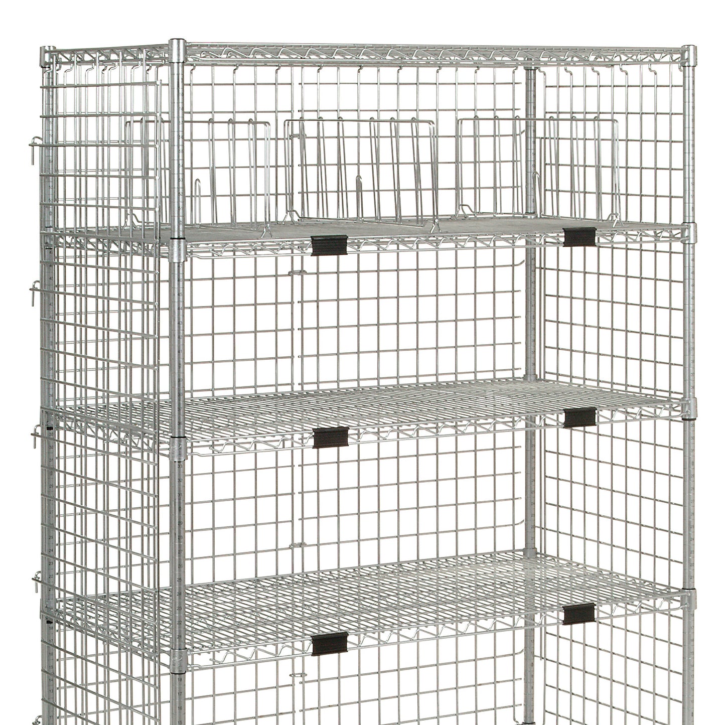 A metal shelving unit with four wire shelves, featuring the Enclosure Panel for AliMed Standard-Duty Wire Shelving.